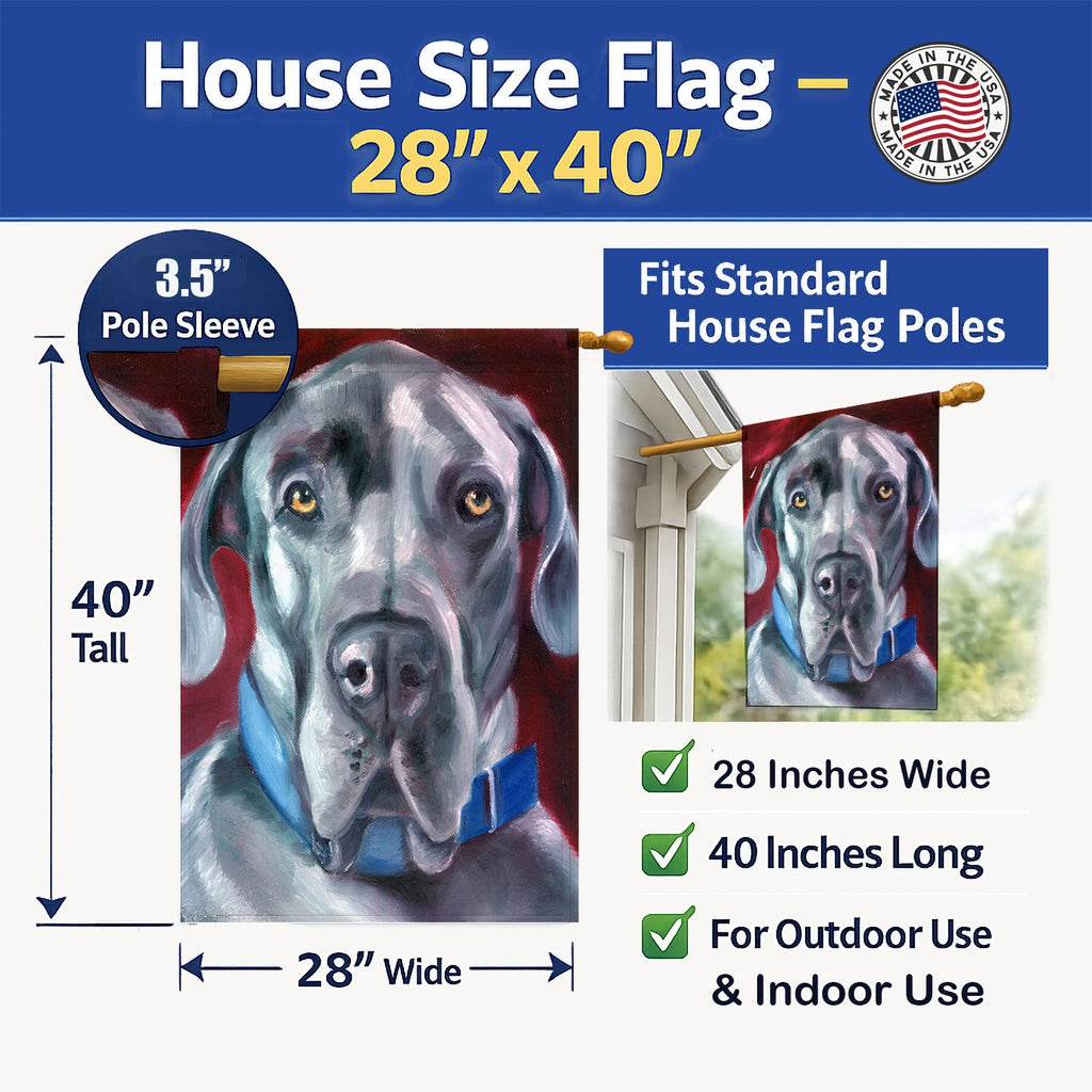 Great Dane Natural Ears Blue Collar House Flag 28x40 Porch Sleeve Pole Decorative Outside Yard Banner Artwork Wall Hanging, Polyester