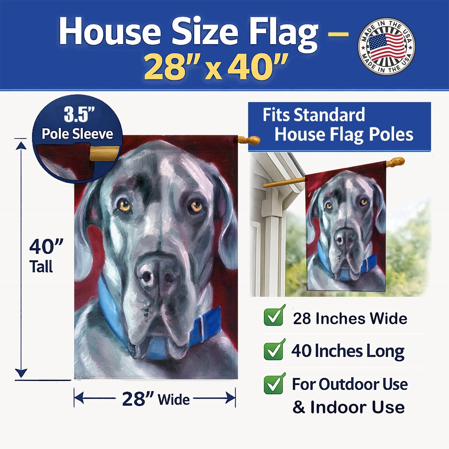 Great Dane Natural Ears Blue Collar House Flag 28x40 Porch Sleeve Pole Decorative Outside Yard Banner Artwork Wall Hanging, Polyester