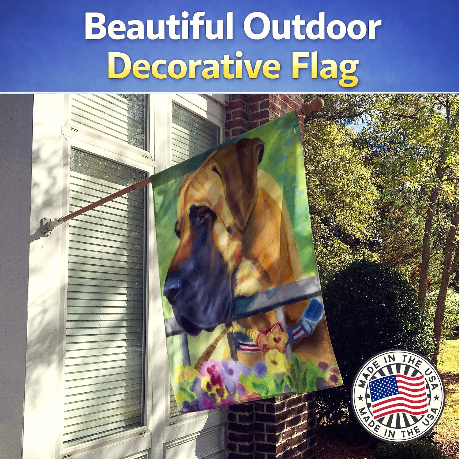 Great Dane Natural Ears Fawn in Flowers House Flag 28x40 Porch Sleeve Pole Decorative Outside Yard Banner Artwork Wall Hanging, Polyester
