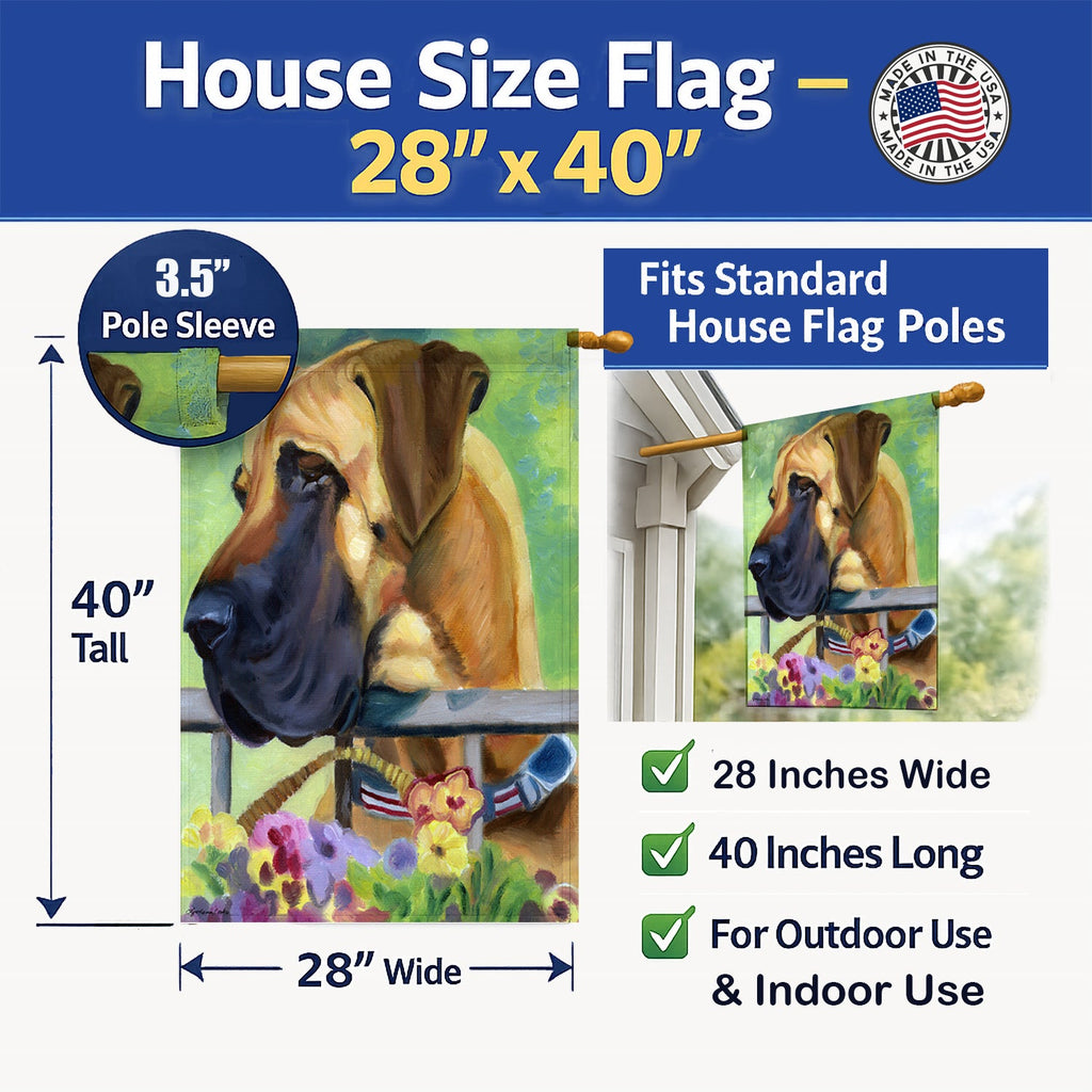 Great Dane Natural Ears Fawn in Flowers House Flag 28x40 Porch Sleeve Pole Decorative Outside Yard Banner Artwork Wall Hanging, Polyester
