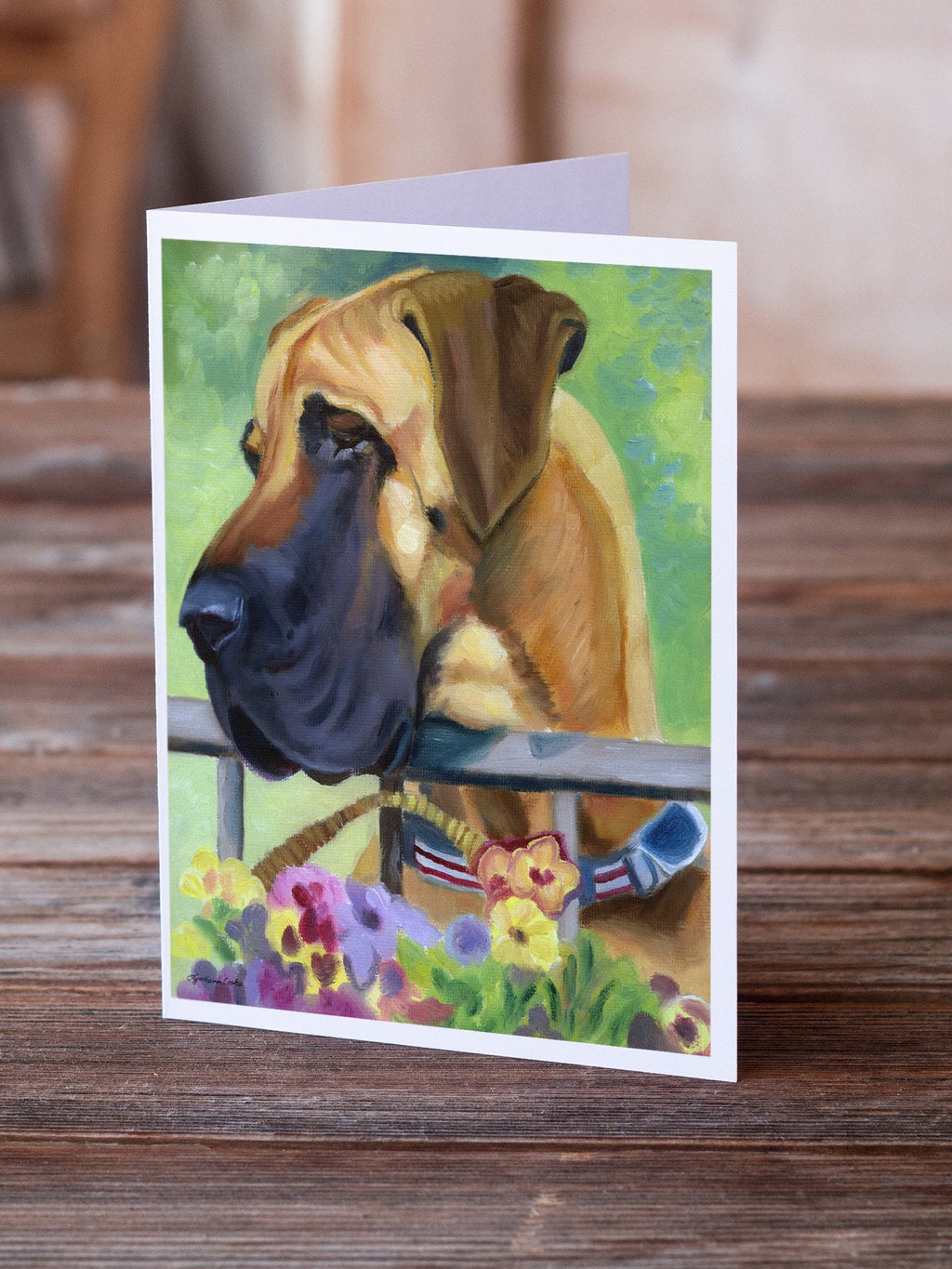 Great Dane Natural Ears Fawn in Flowers Greeting Cards Pack of 8 Blank Cards with Envelopes Whimsical A7 Size 5x7