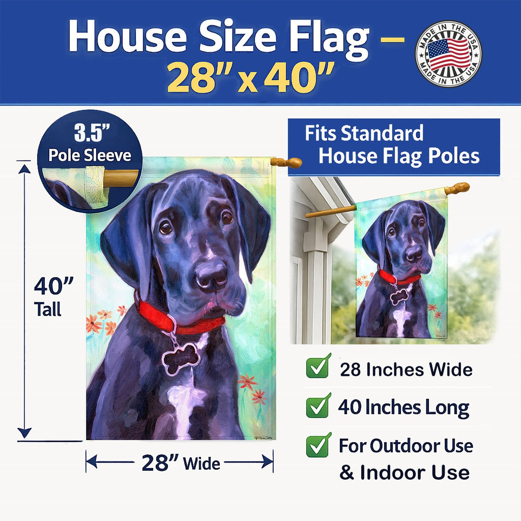 Great Dane Natural Ears Black Pup House Flag 28x40 Porch Sleeve Pole Decorative Outside Yard Banner Artwork Wall Hanging, Polyester