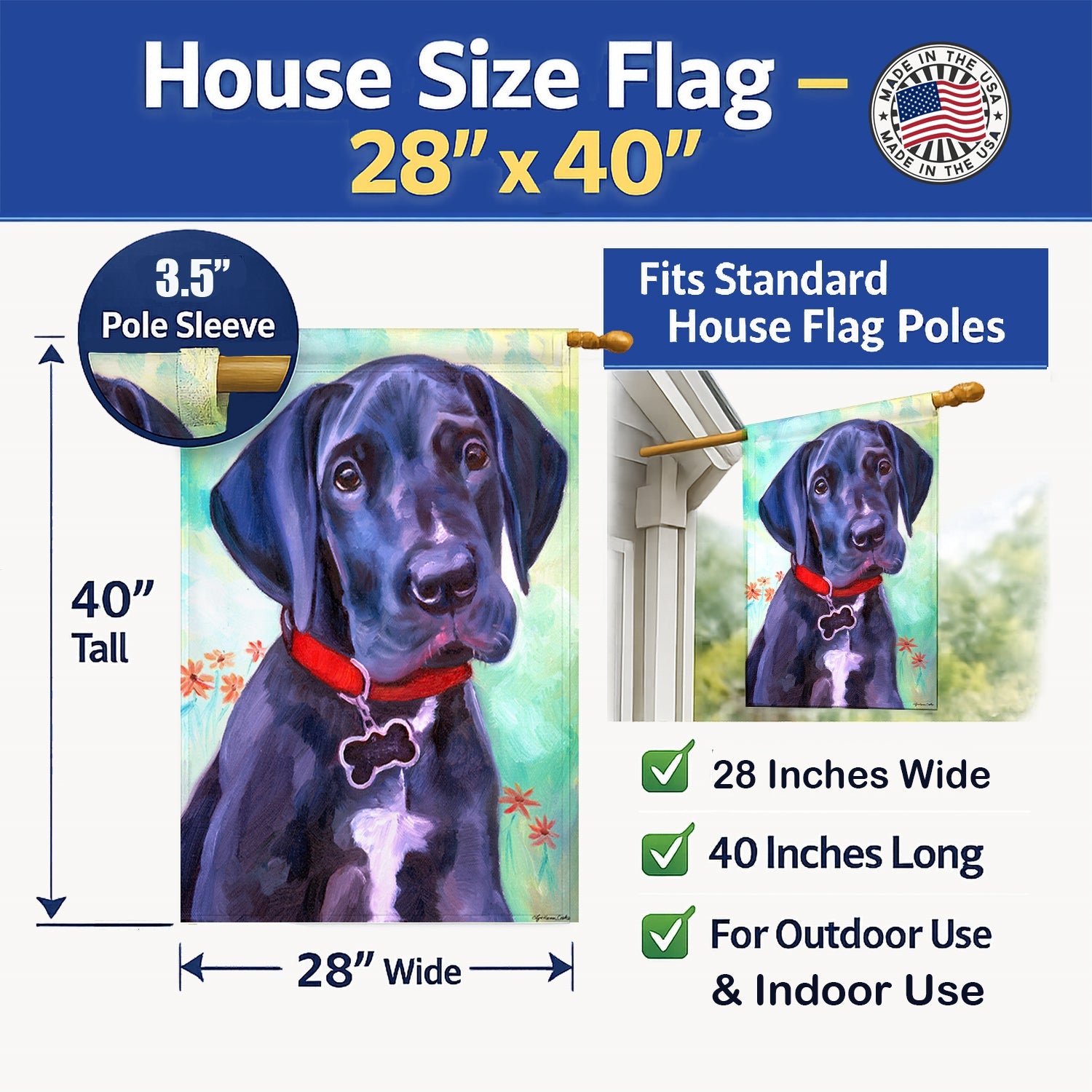 Great Dane Natural Ears Black Pup House Flag 28x40 Porch Sleeve Pole Decorative Outside Yard Banner Artwork Wall Hanging, Polyester