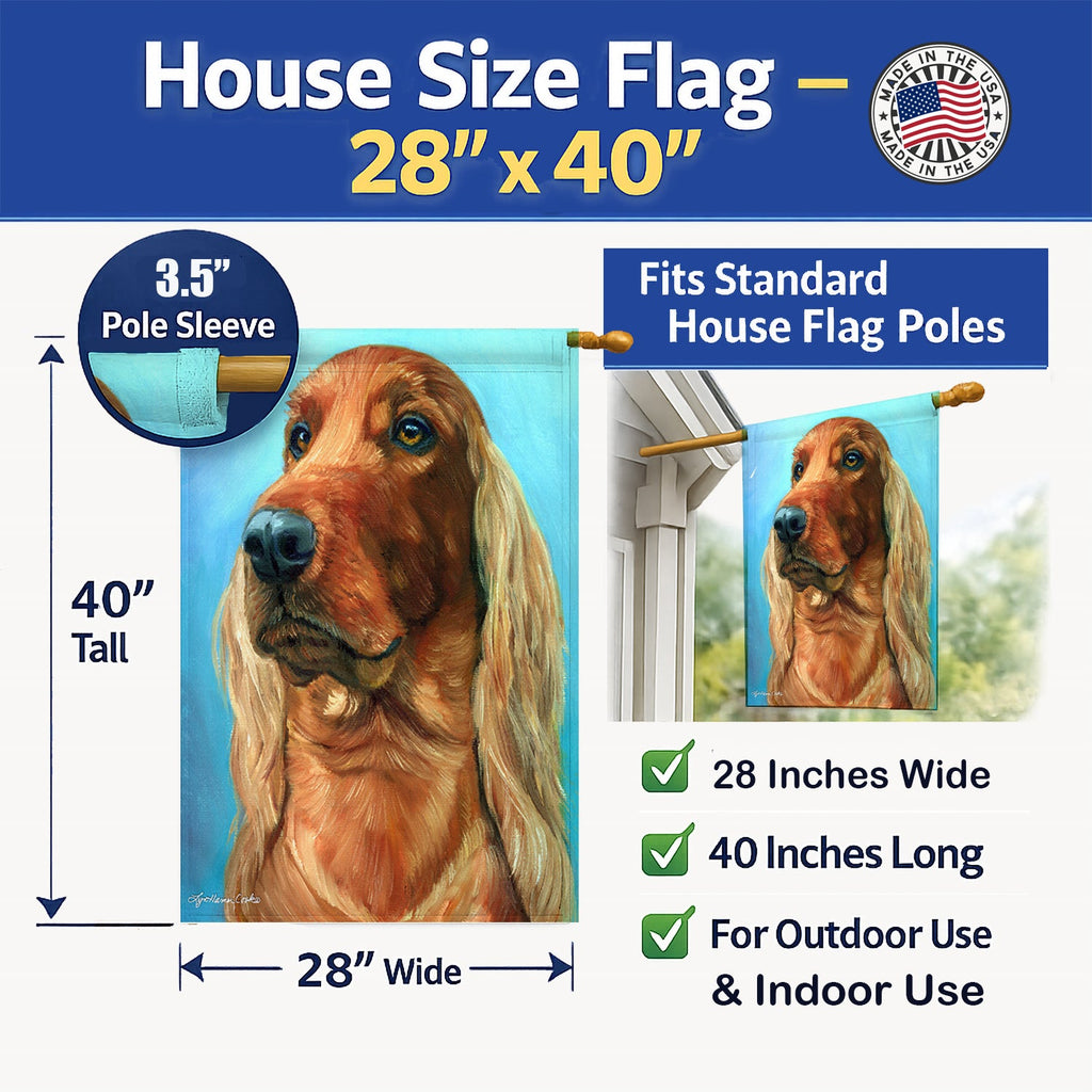 Irish Setter in Blue House Flag 28x40 Porch Sleeve Pole Decorative Outside Yard Banner Artwork Wall Hanging, Polyester