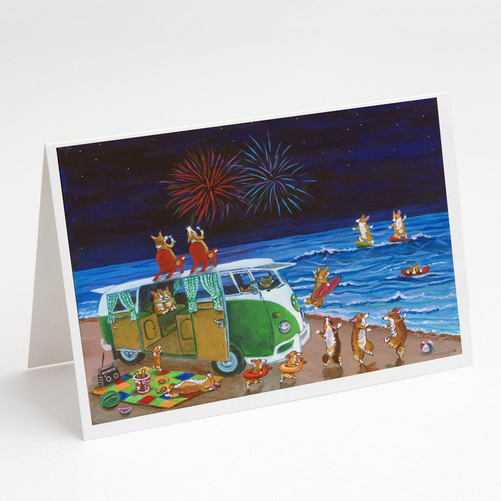 Corgi Beach Party Volkswagon Bus Fireworks Greeting Cards Pack of 8 Blank Cards with Envelopes Whimsical A7 Size 5x7