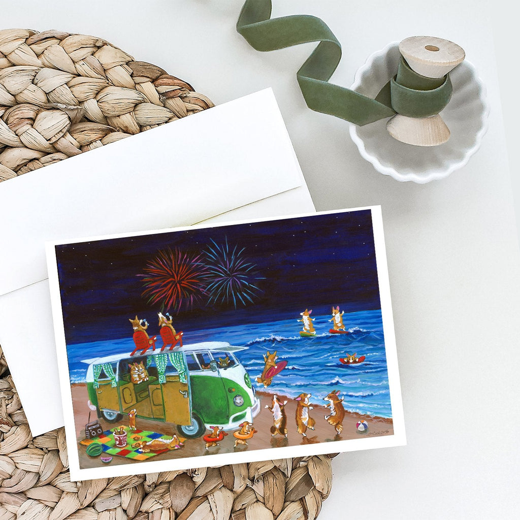 Corgi Beach Party Volkswagon Bus Fireworks Greeting Cards Pack of 8 Blank Cards with Envelopes Whimsical A7 Size 5x7