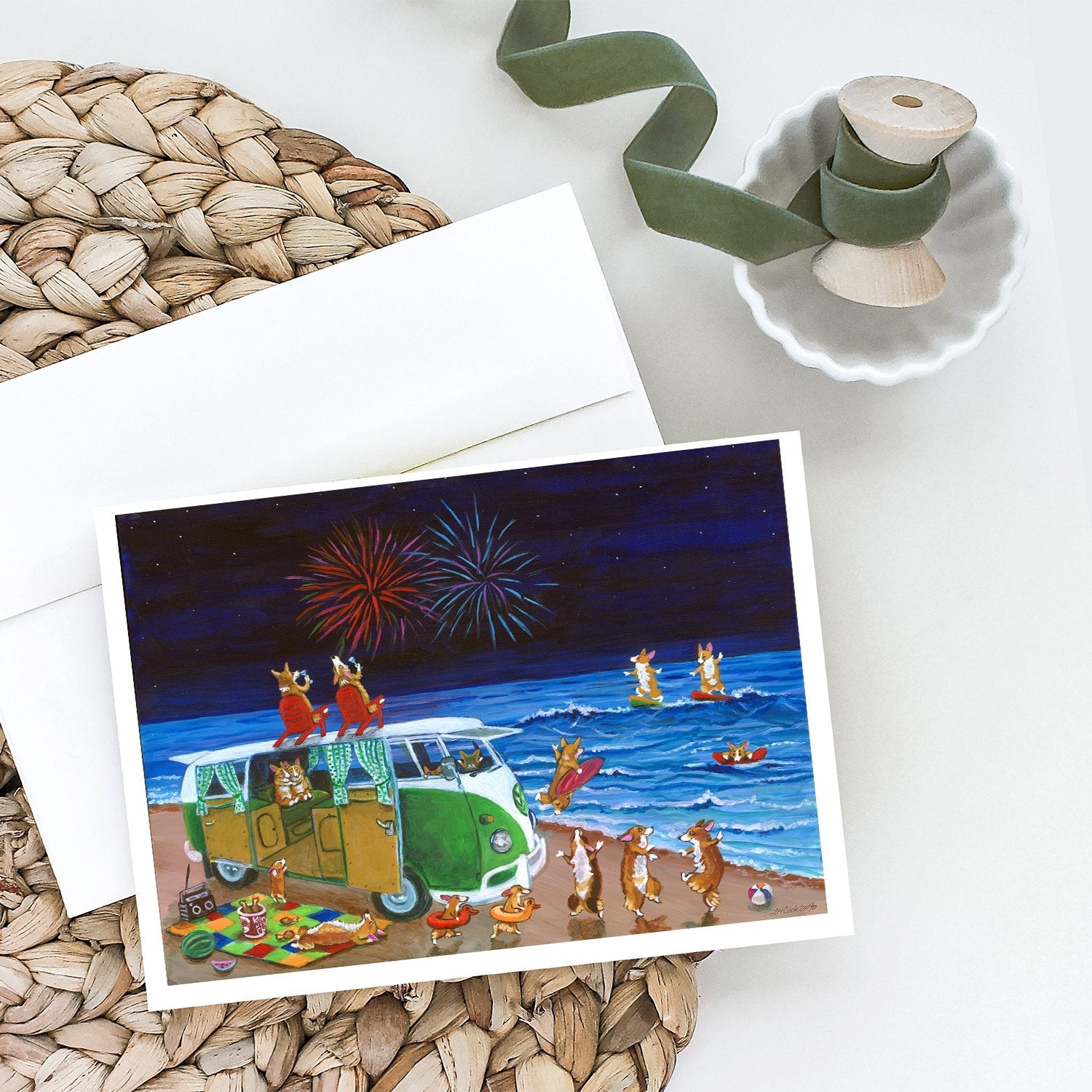 Corgi Beach Party Volkswagon Bus Fireworks Greeting Cards Pack of 8 Blank Cards with Envelopes Whimsical A7 Size 5x7