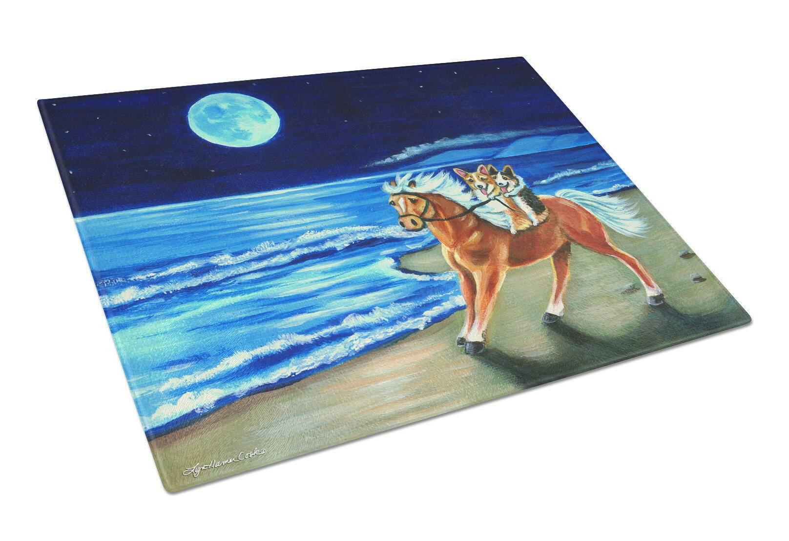 Corgi Beach Ride on Horse Cutting Board Tempered Glass Kitchen Cutting Surface, Heat Resistant Chopping, Non-Slip Feet, Food Prep & Serving