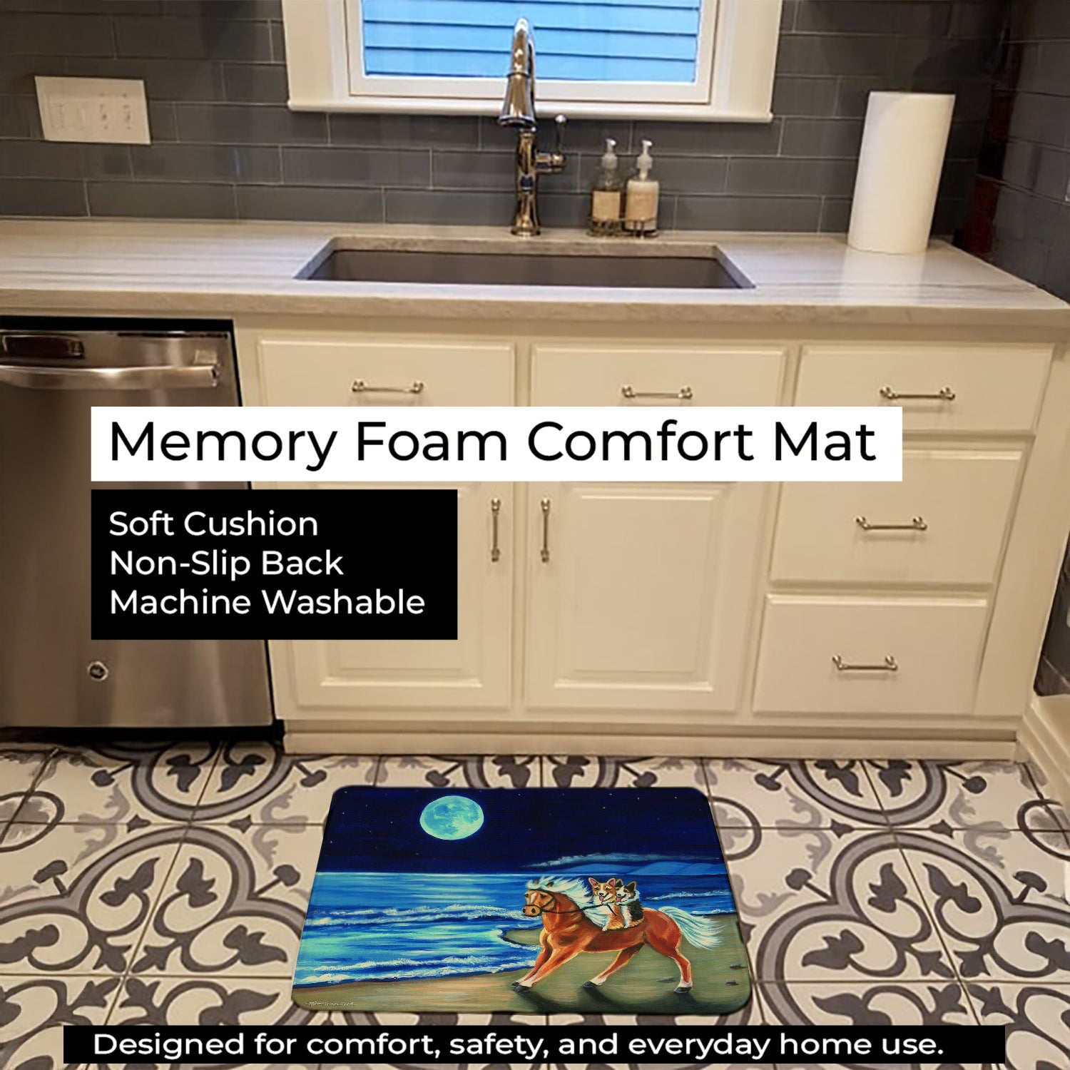 Corgi Beach Ride on Horse Memory Foam Kitchen Mat Machine Washable Anti-Fatigue Cushion Comfort Bath or Kitchen Rug