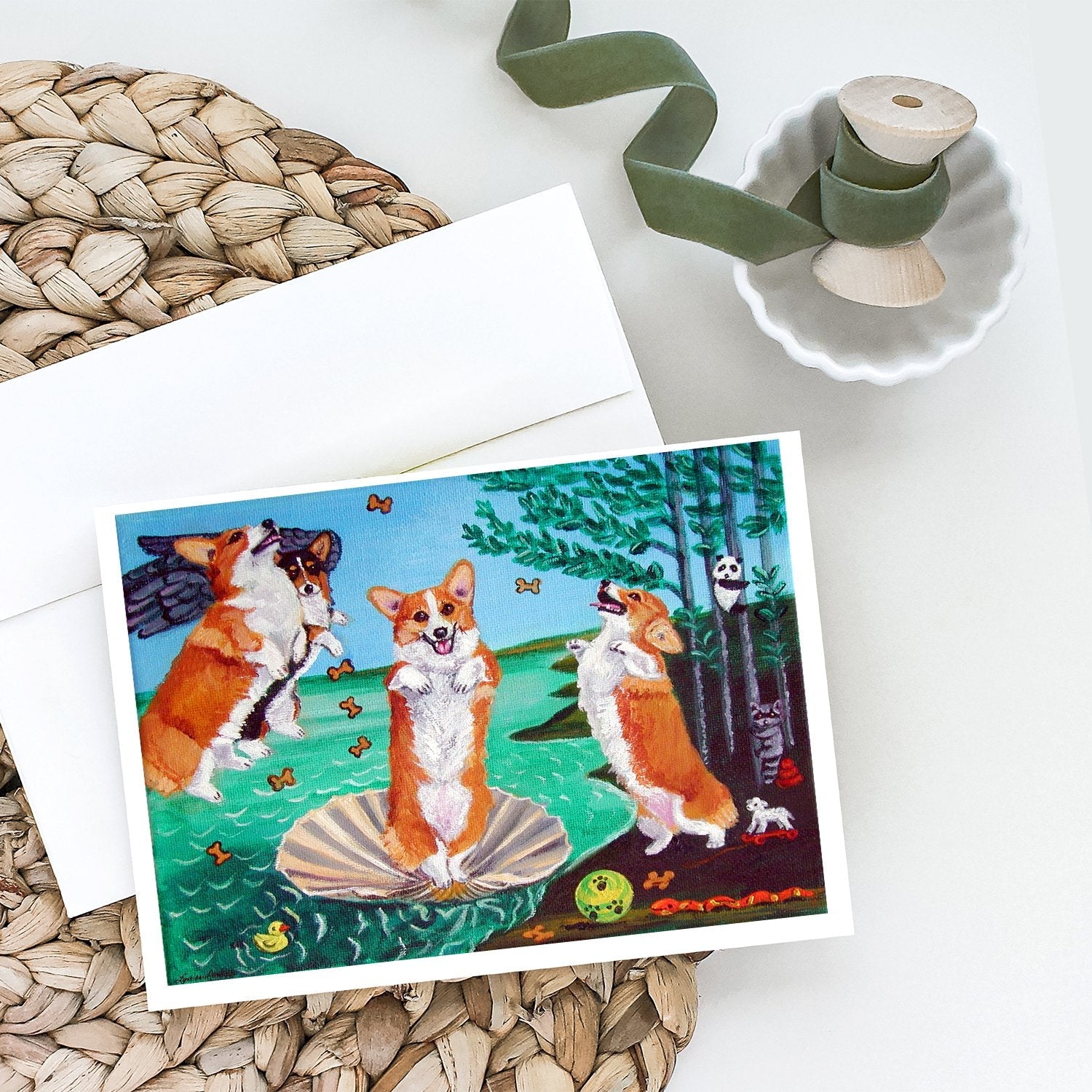 Corgi Birth of Venus Greeting Cards Pack of 8 Blank Cards with Envelopes Whimsical A7 Size 5x7