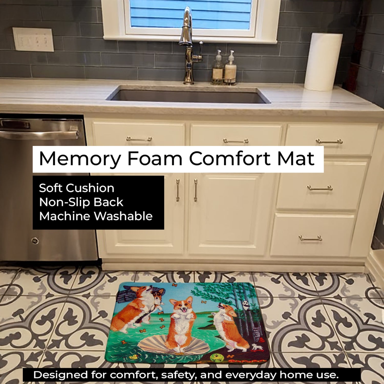 Corgi Birth of Venus Memory Foam Kitchen Mat Machine Washable Anti-Fatigue Cushion Comfort Bath or Kitchen Rug