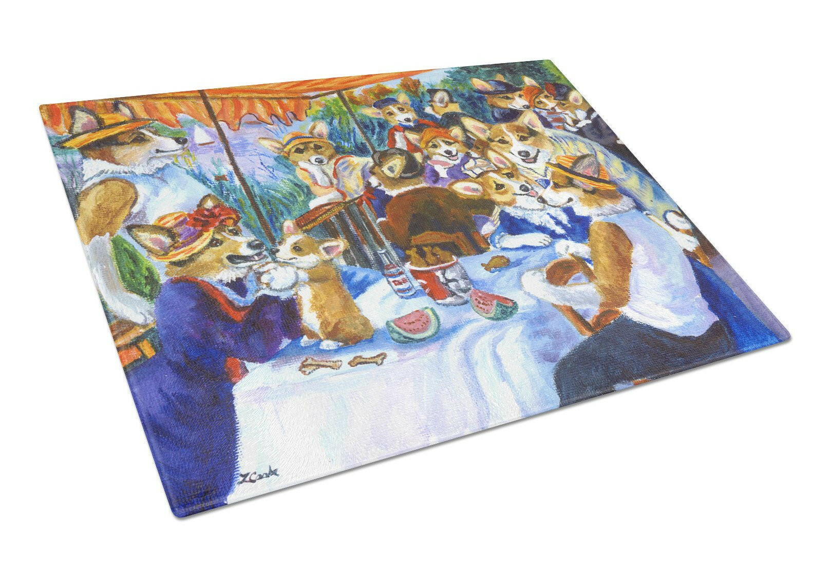 Corgi Boating Party Cutting Board Tempered Glass Kitchen Cutting Surface, Heat Resistant Chopping, Non-Slip Feet, Food Prep & Serving