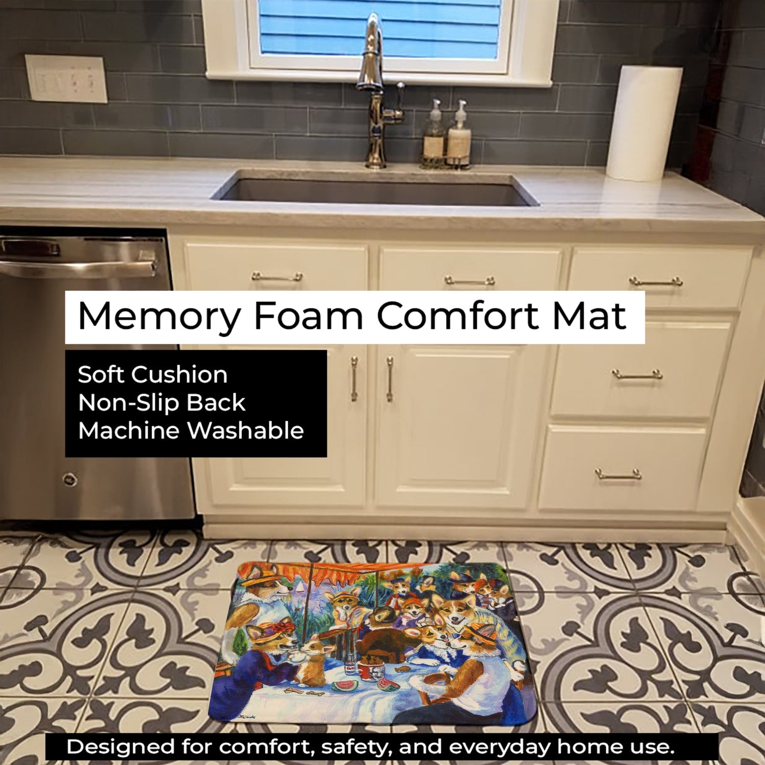 Corgi Boating Party Memory Foam Kitchen Mat Machine Washable Anti-Fatigue Cushion Comfort Bath or Kitchen Rug