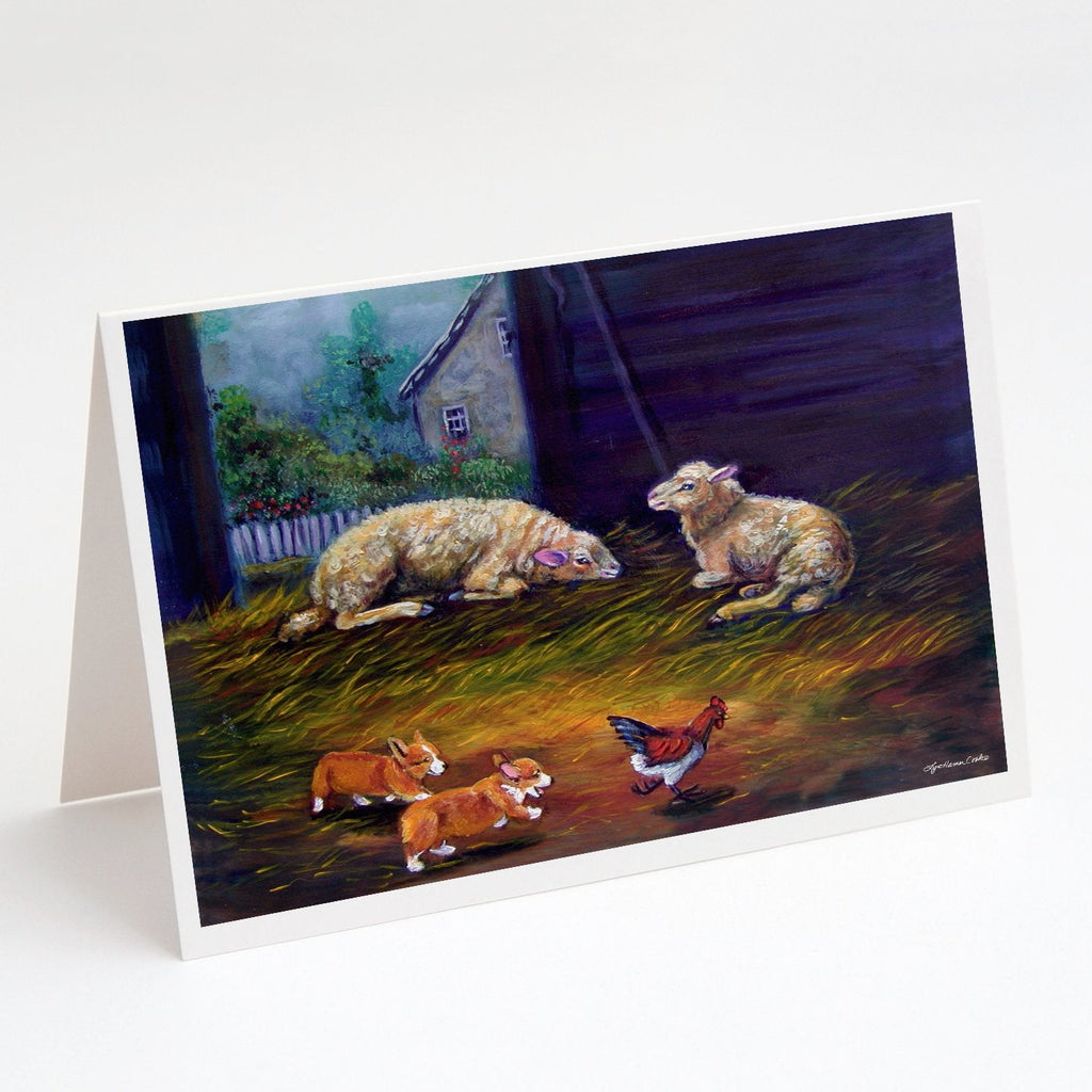 Corgi Chaos in the barn with sheep Greeting Cards Pack of 8 Blank Cards with Envelopes Whimsical A7 Size 5x7