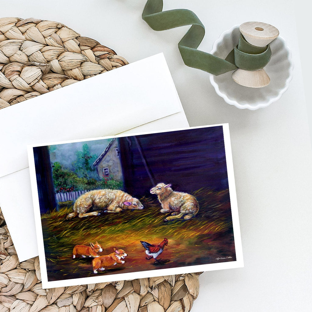 Corgi Chaos in the barn with sheep Greeting Cards Pack of 8 Blank Cards with Envelopes Whimsical A7 Size 5x7