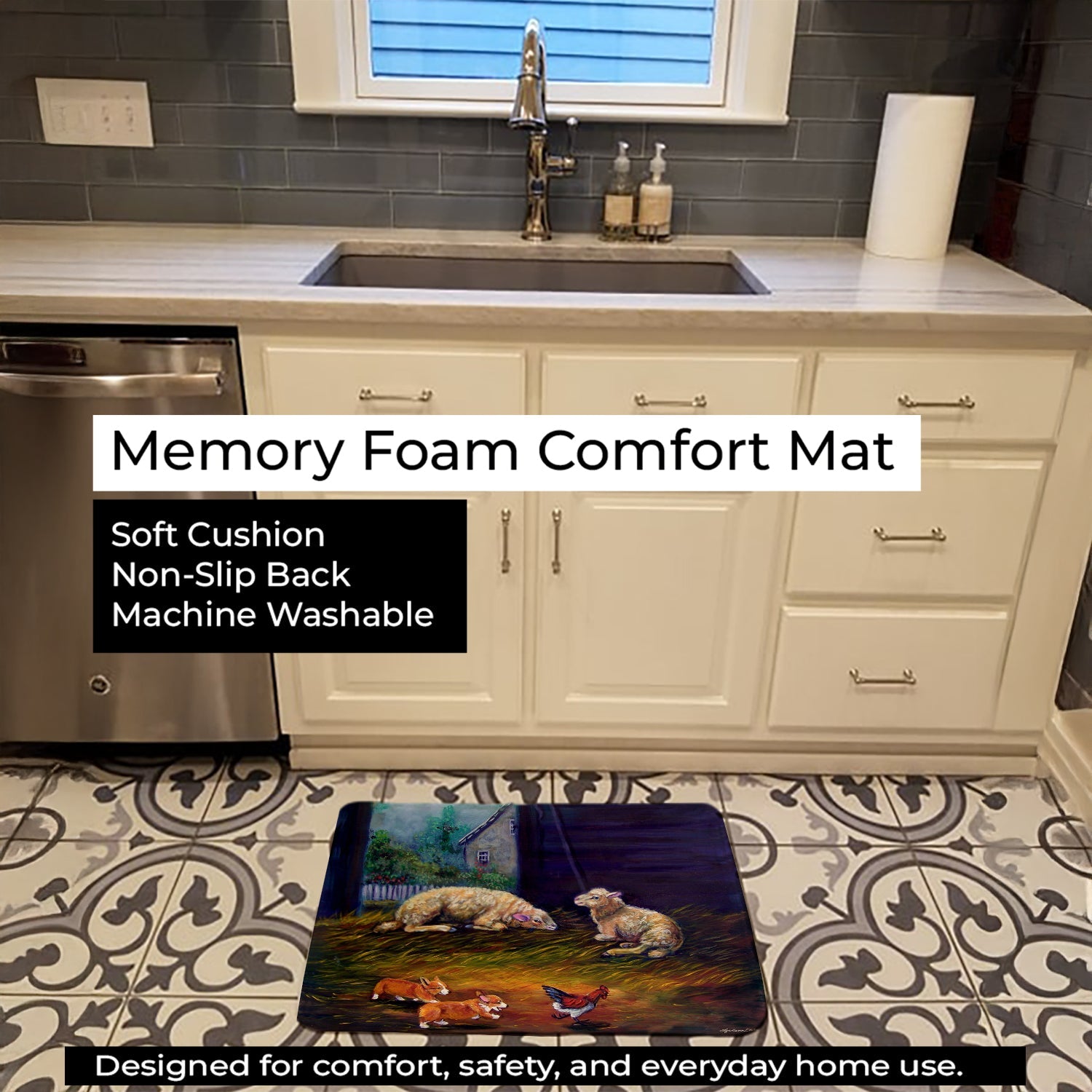 Corgi Chaos in the barn with sheep Memory Foam Kitchen Mat Machine Washable Anti-Fatigue Cushion Comfort Bath or Kitchen Rug