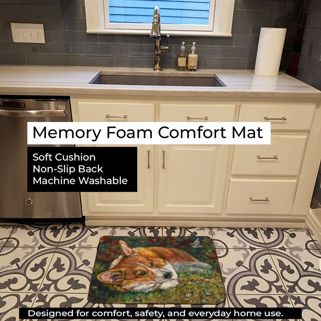 Corgi Pastel Hummingbird Memory Foam Kitchen Mat Machine Washable Anti-Fatigue Cushion Comfort Bath or Kitchen Rug