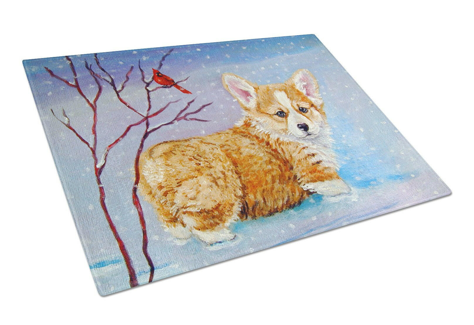 Corgi Pup Snow Cardinal Cutting Board Tempered Glass Kitchen Cutting Surface, Heat Resistant Chopping, Non-Slip Feet, Food Prep & Serving
