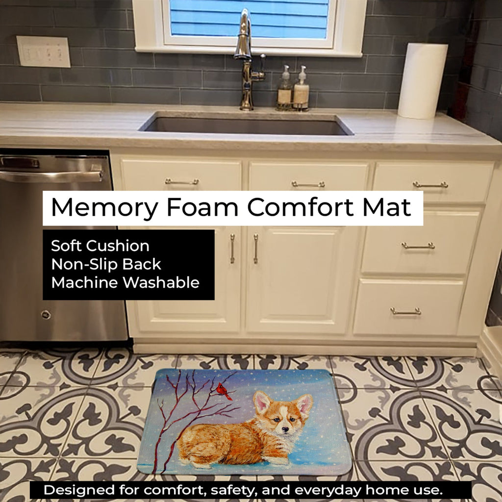 Corgi Pup Snow Cardinal Memory Foam Kitchen Mat Machine Washable Anti-Fatigue Cushion Comfort Bath or Kitchen Rug
