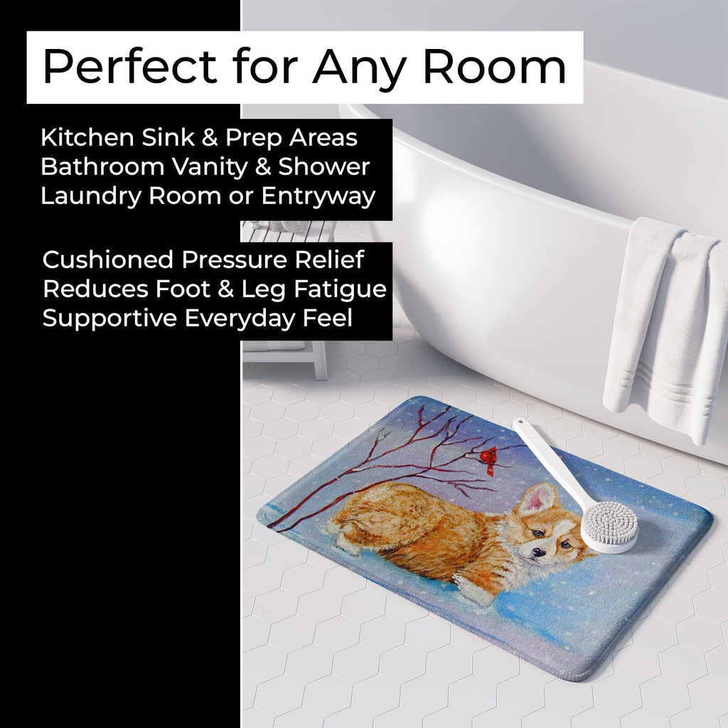 Corgi Pup Snow Cardinal Memory Foam Kitchen Mat Machine Washable Anti-Fatigue Cushion Comfort Bath or Kitchen Rug