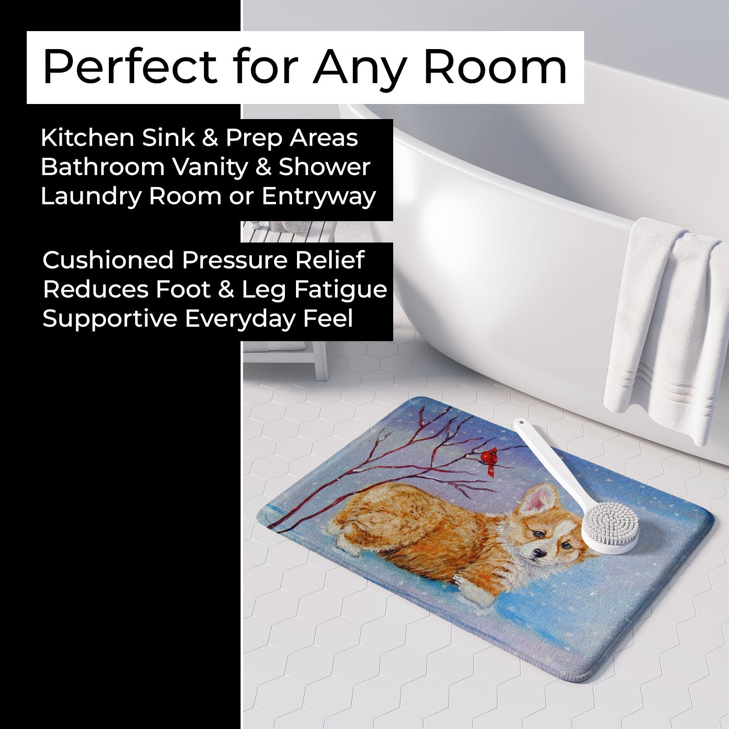 Corgi Pup Snow Cardinal Memory Foam Kitchen Mat Machine Washable Anti-Fatigue Cushion Comfort Bath or Kitchen Rug