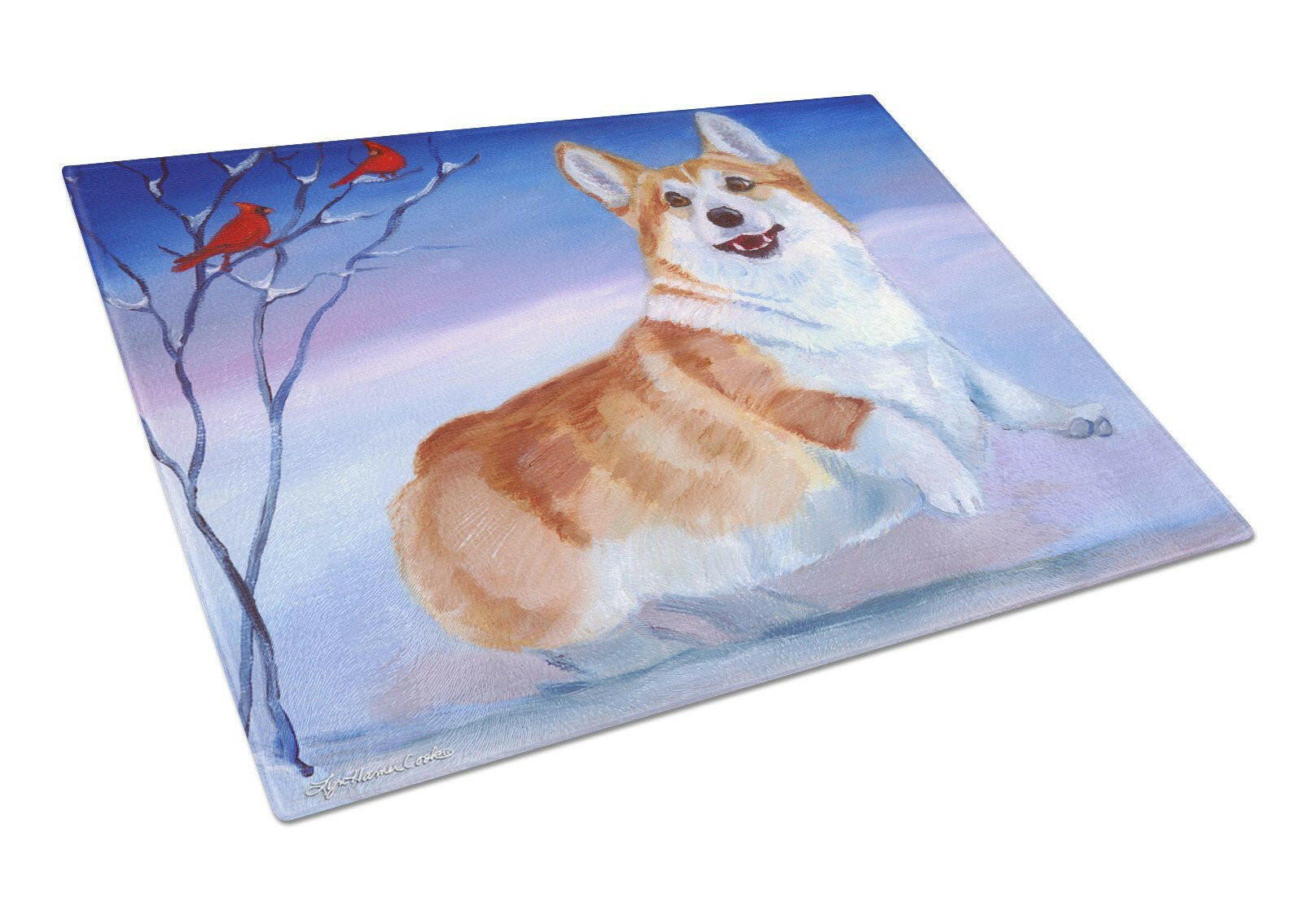 Corgi Snow Cardinal Cutting Board Tempered Glass Kitchen Cutting Surface, Heat Resistant Chopping, Non-Slip Feet, Food Prep & Serving