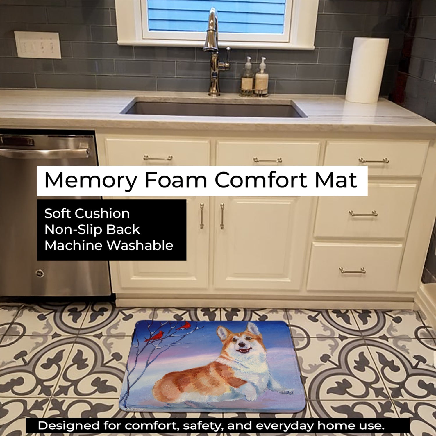 Corgi Snow Cardinal Memory Foam Kitchen Mat Machine Washable Anti-Fatigue Cushion Comfort Bath or Kitchen Rug