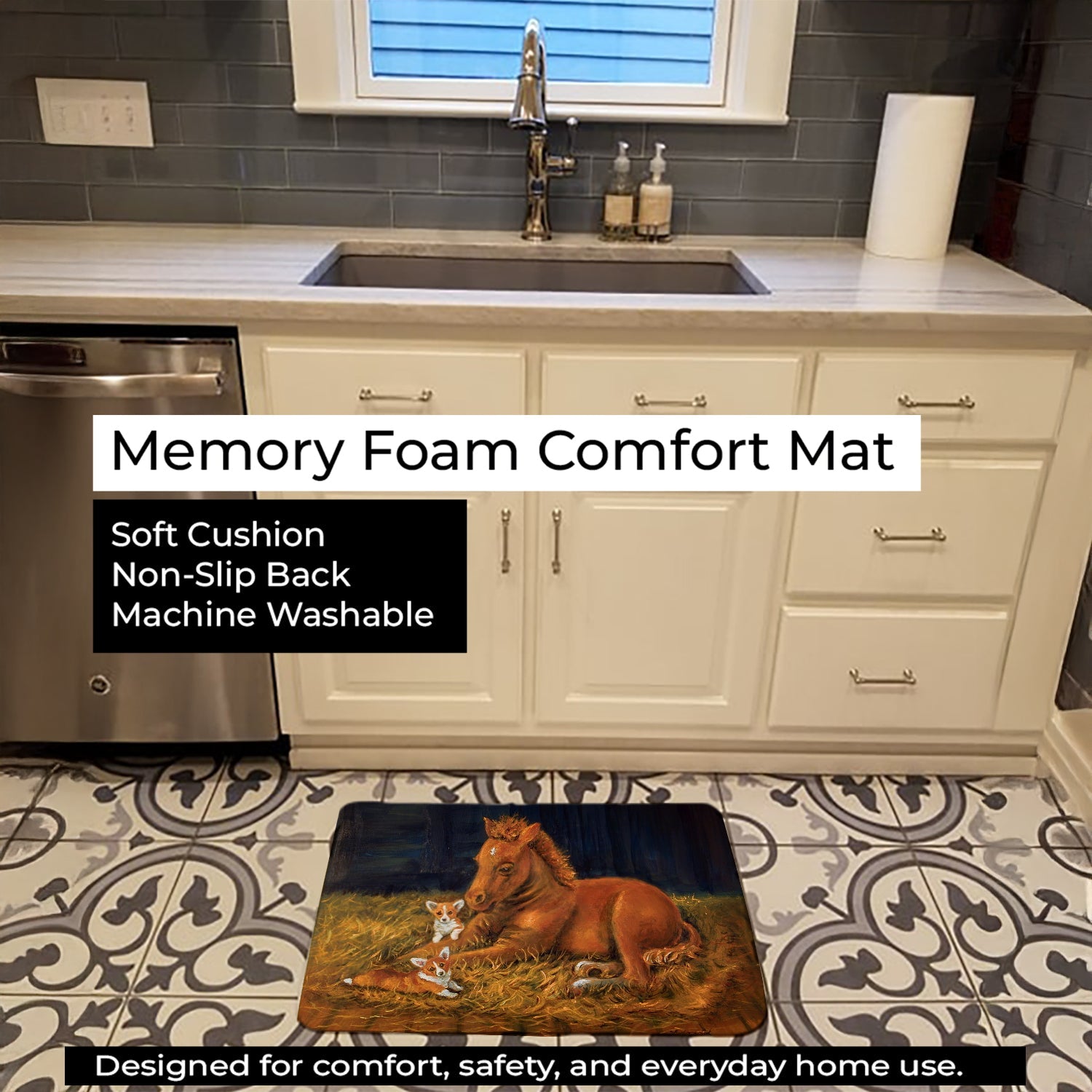 Corgi Sunrise with Colt  Memory Foam Kitchen Mat Machine Washable Anti-Fatigue Cushion Comfort Bath or Kitchen Rug