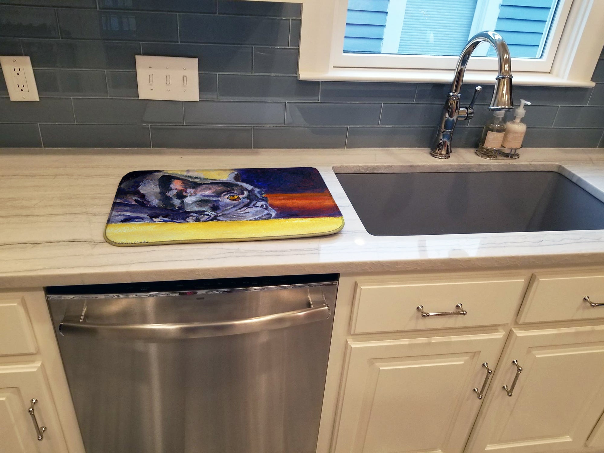 Black French Bulldog Sunny Dish Drying Mat Absorbent Dish Drying Mat Pad for Kitchen Counter Dish Drainer Mat for Countertop, 14 x 21", Multicolor