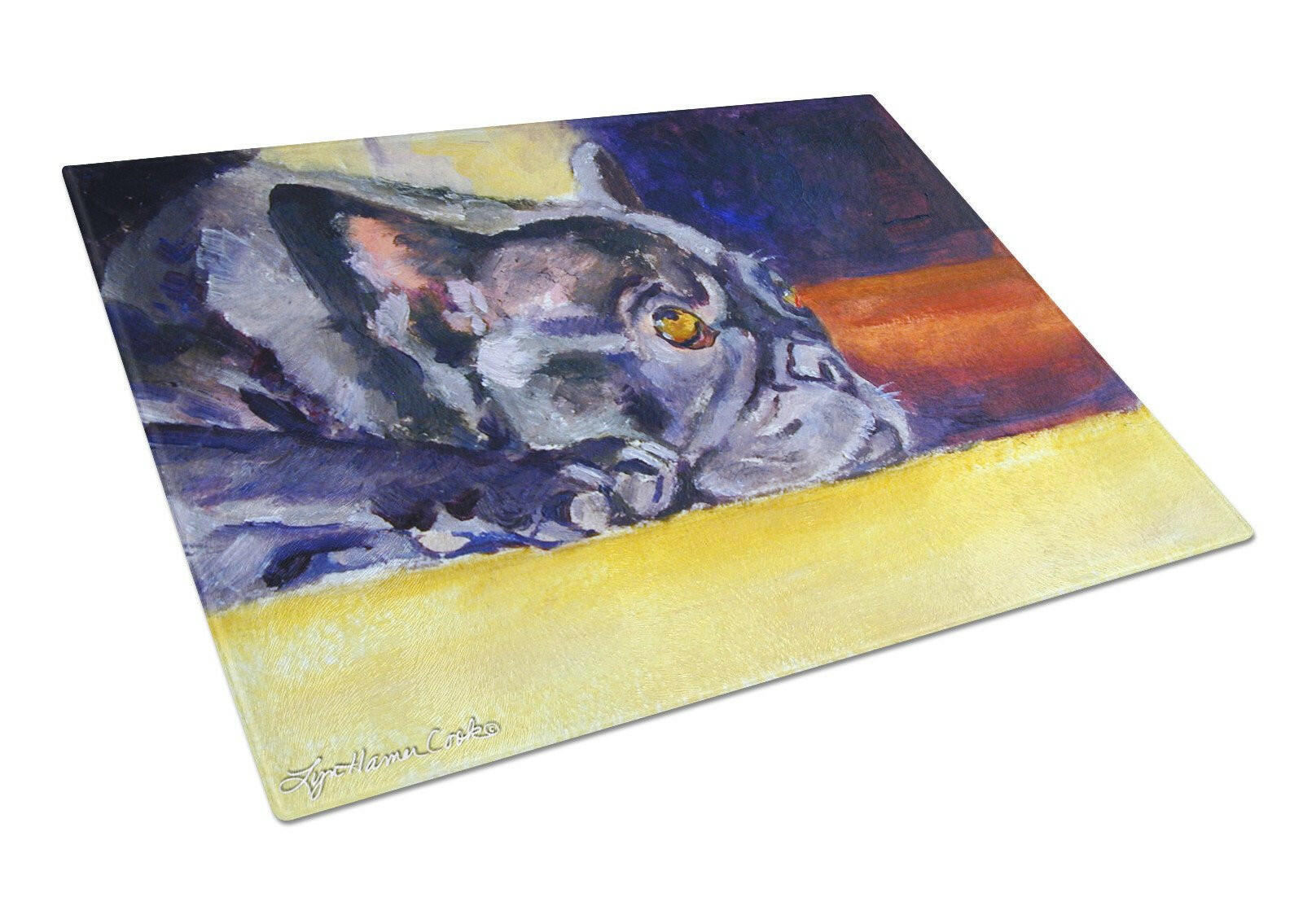 Black French Bulldog Sunny Cutting Board Tempered Glass Kitchen Cutting Surface, Heat Resistant Chopping, Non-Slip Feet, Food Prep & Serving