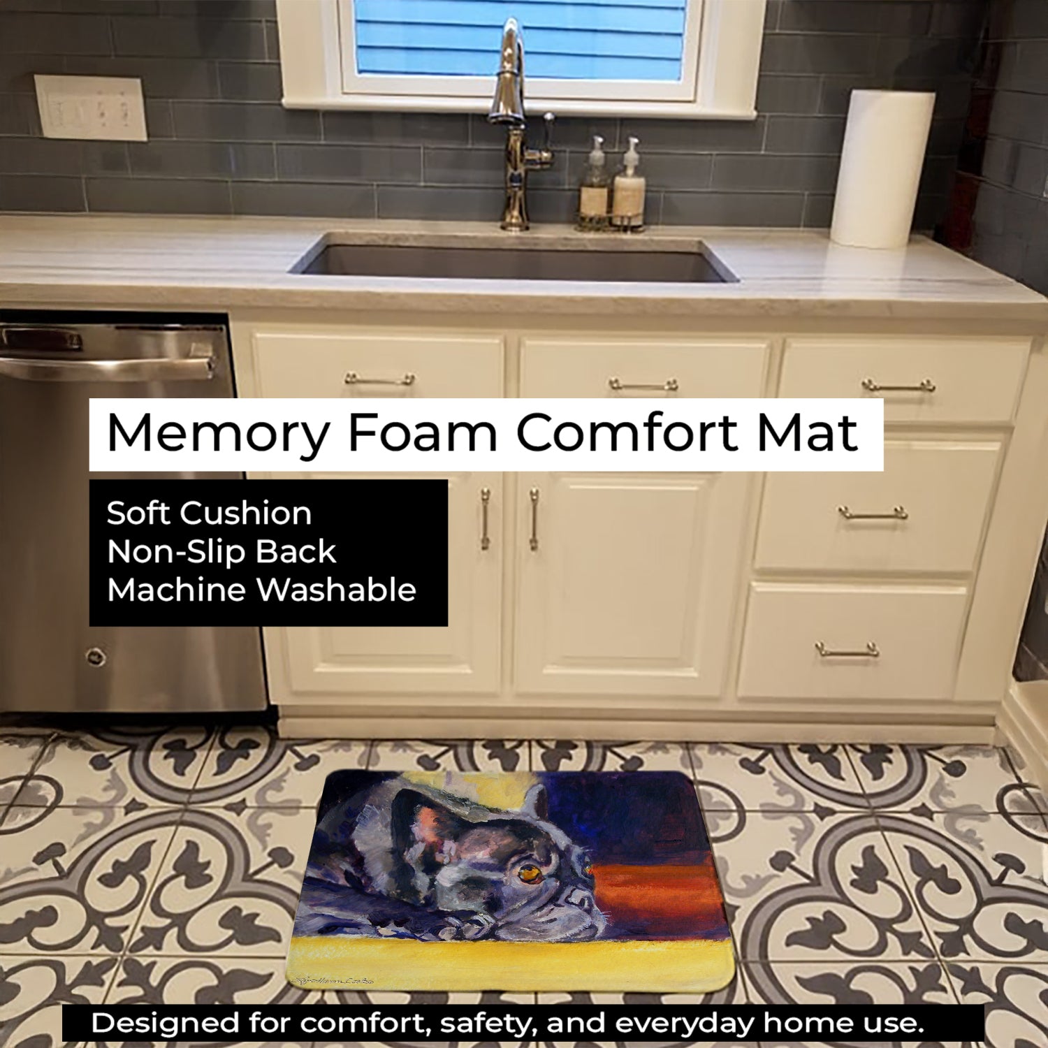 Black French Bulldog Sunny Memory Foam Kitchen Mat Machine Washable Anti-Fatigue Cushion Comfort Bath or Kitchen Rug