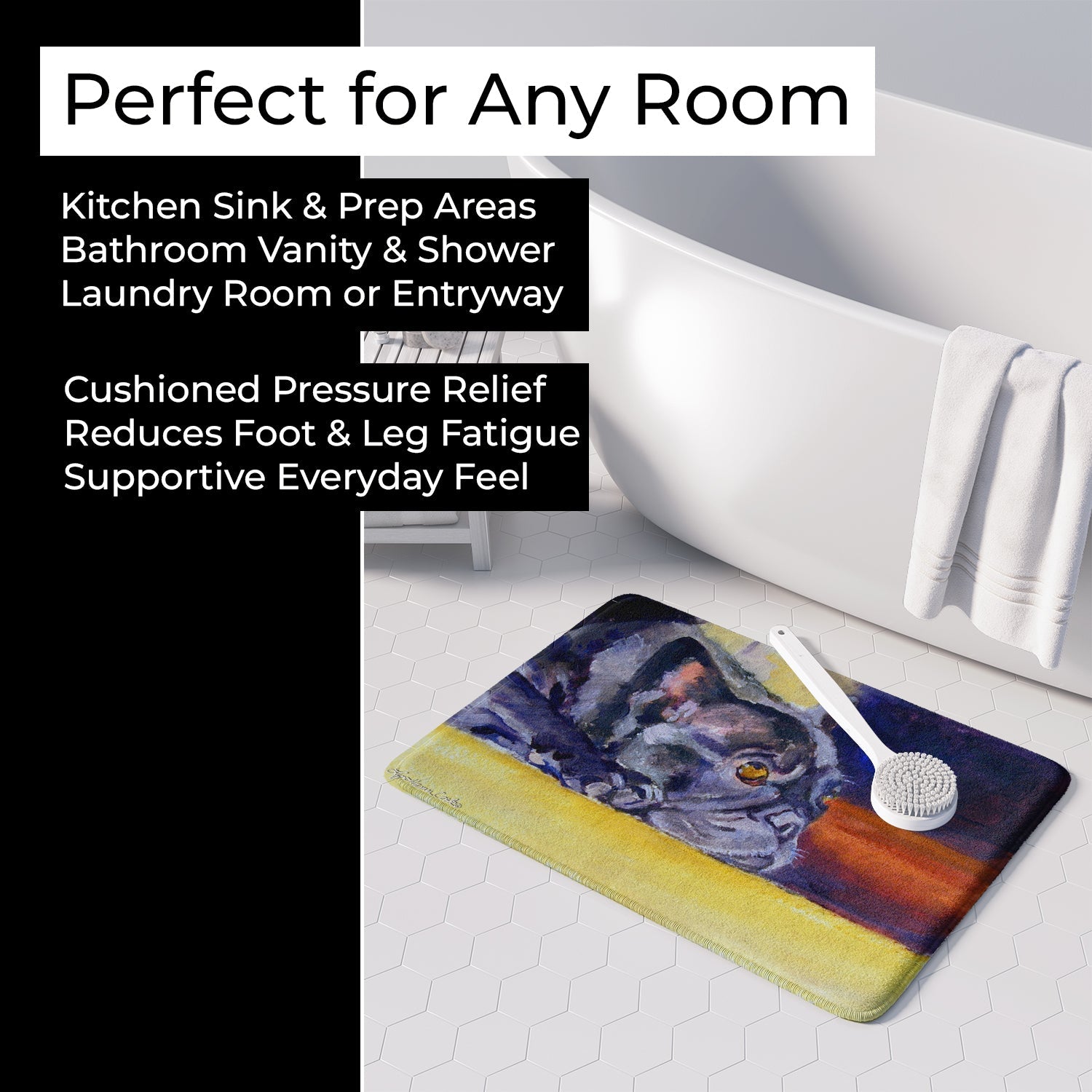 Black French Bulldog Sunny Memory Foam Kitchen Mat Machine Washable Anti-Fatigue Cushion Comfort Bath or Kitchen Rug
