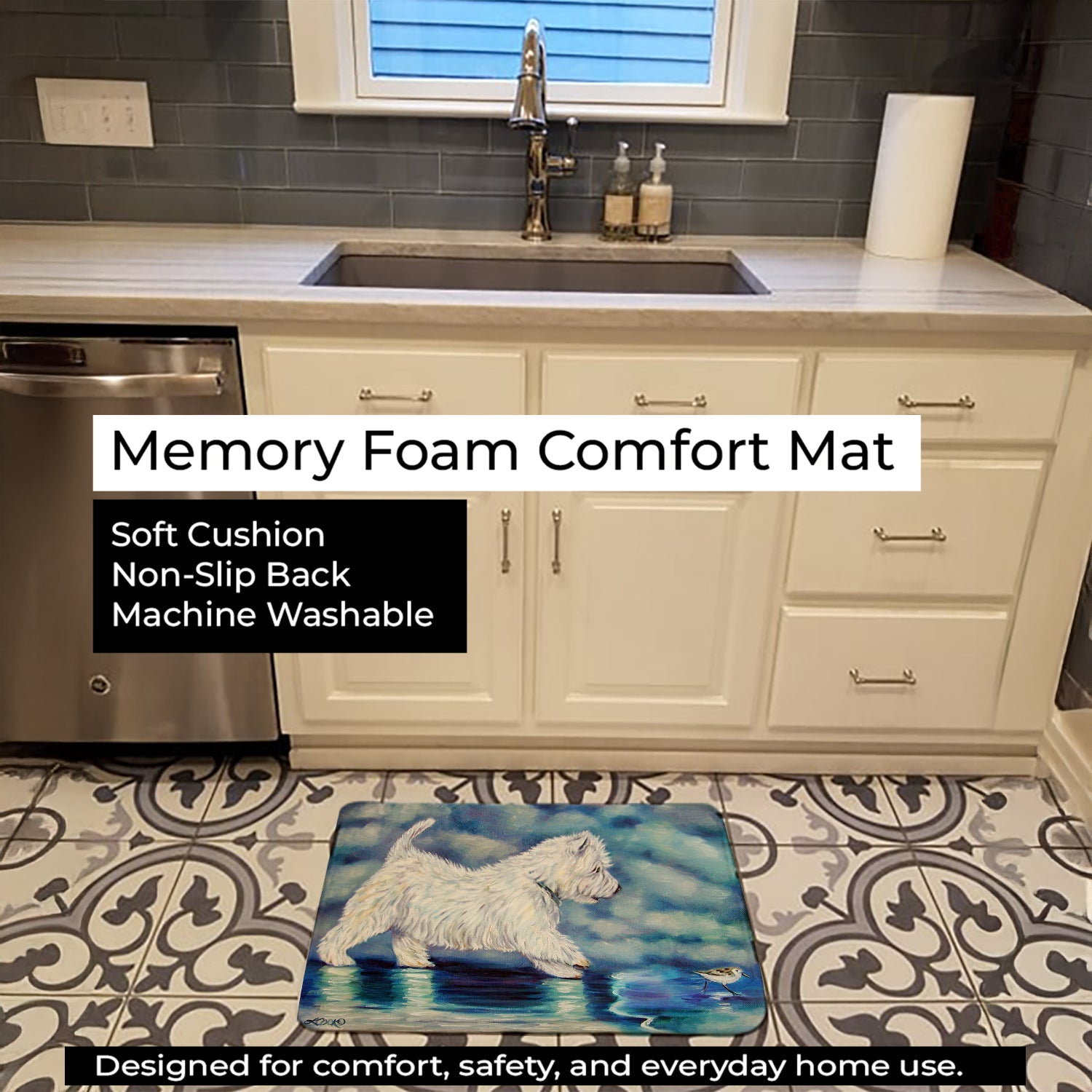 Misty Westie Memory Foam Kitchen Mat Machine Washable Anti-Fatigue Cushion Comfort Bath or Kitchen Rug
