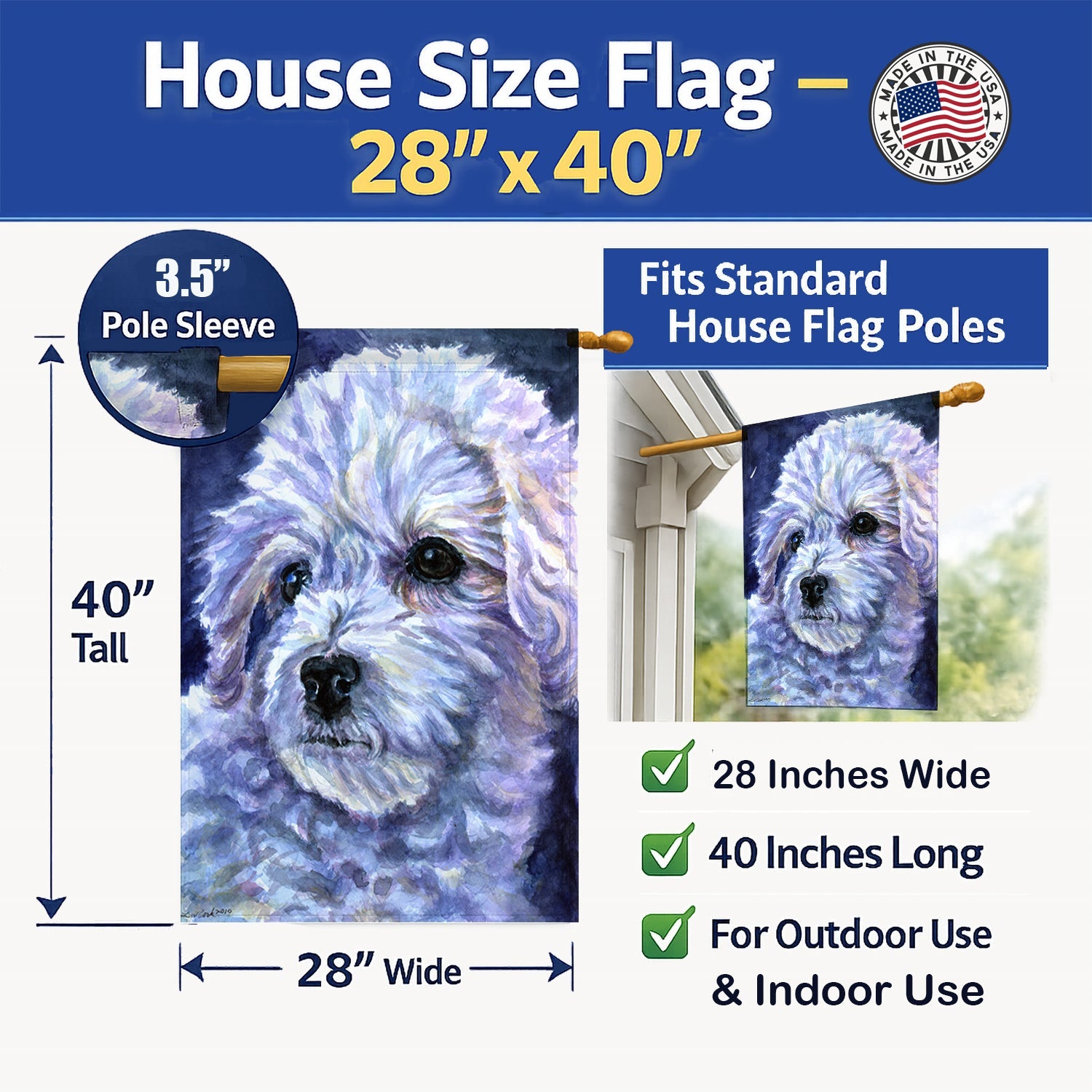 Bichon Frise House Flag 28x40 Porch Sleeve Pole Decorative Outside Yard Banner Artwork Wall Hanging, Polyester
