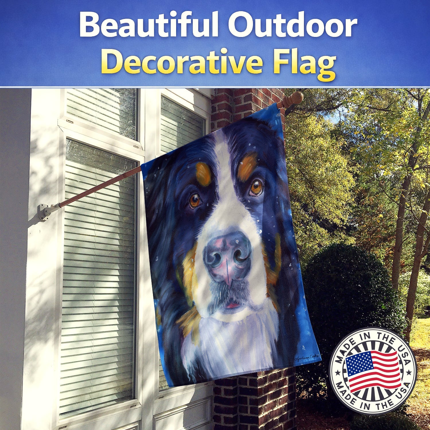 Luca the Bernese Mountain Dog House Flag 28x40 Porch Sleeve Pole Decorative Outside Yard Banner Artwork Wall Hanging, Polyester