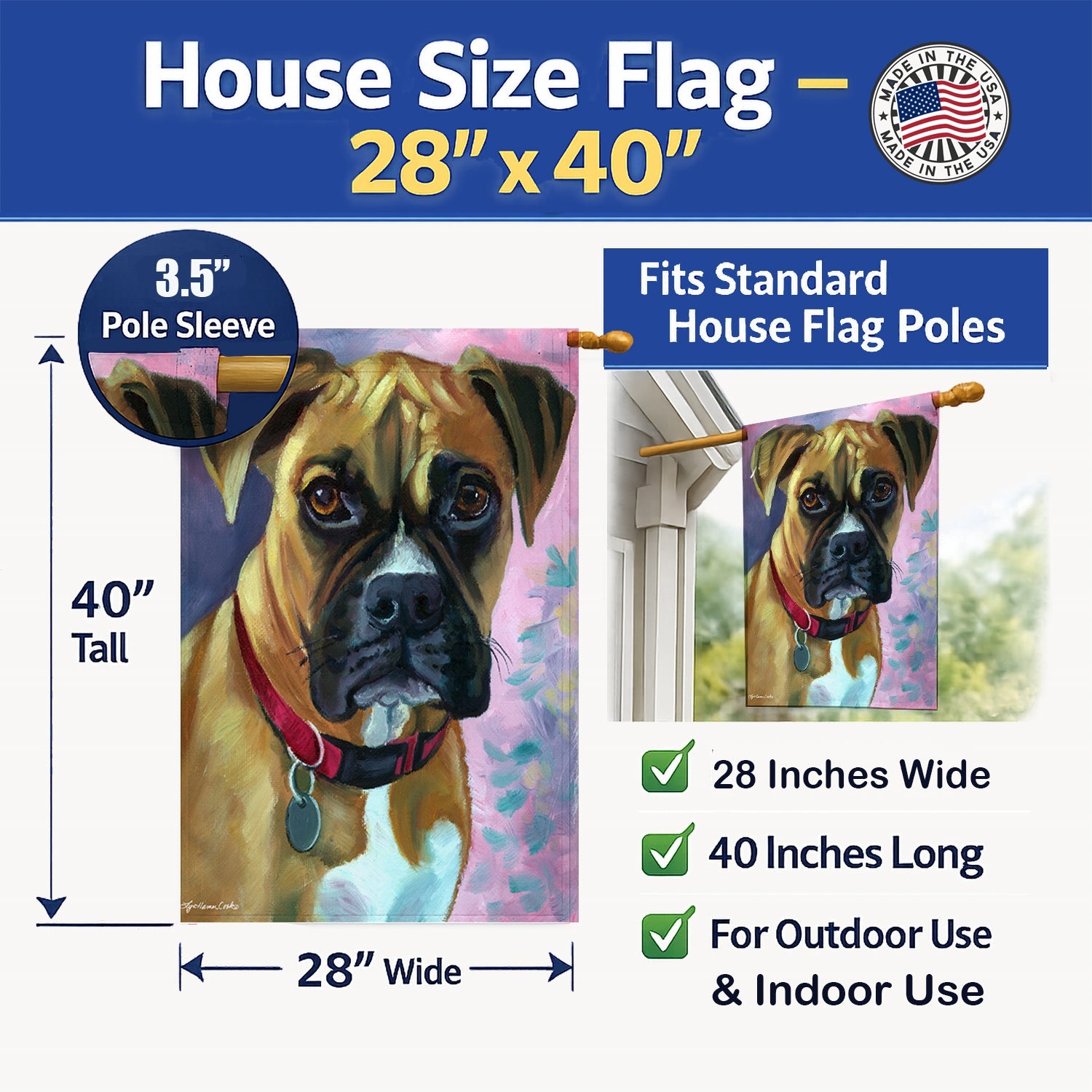 Natural Fawn Boxer House Flag 28x40 Porch Sleeve Pole Decorative Outside Yard Banner Artwork Wall Hanging, Polyester