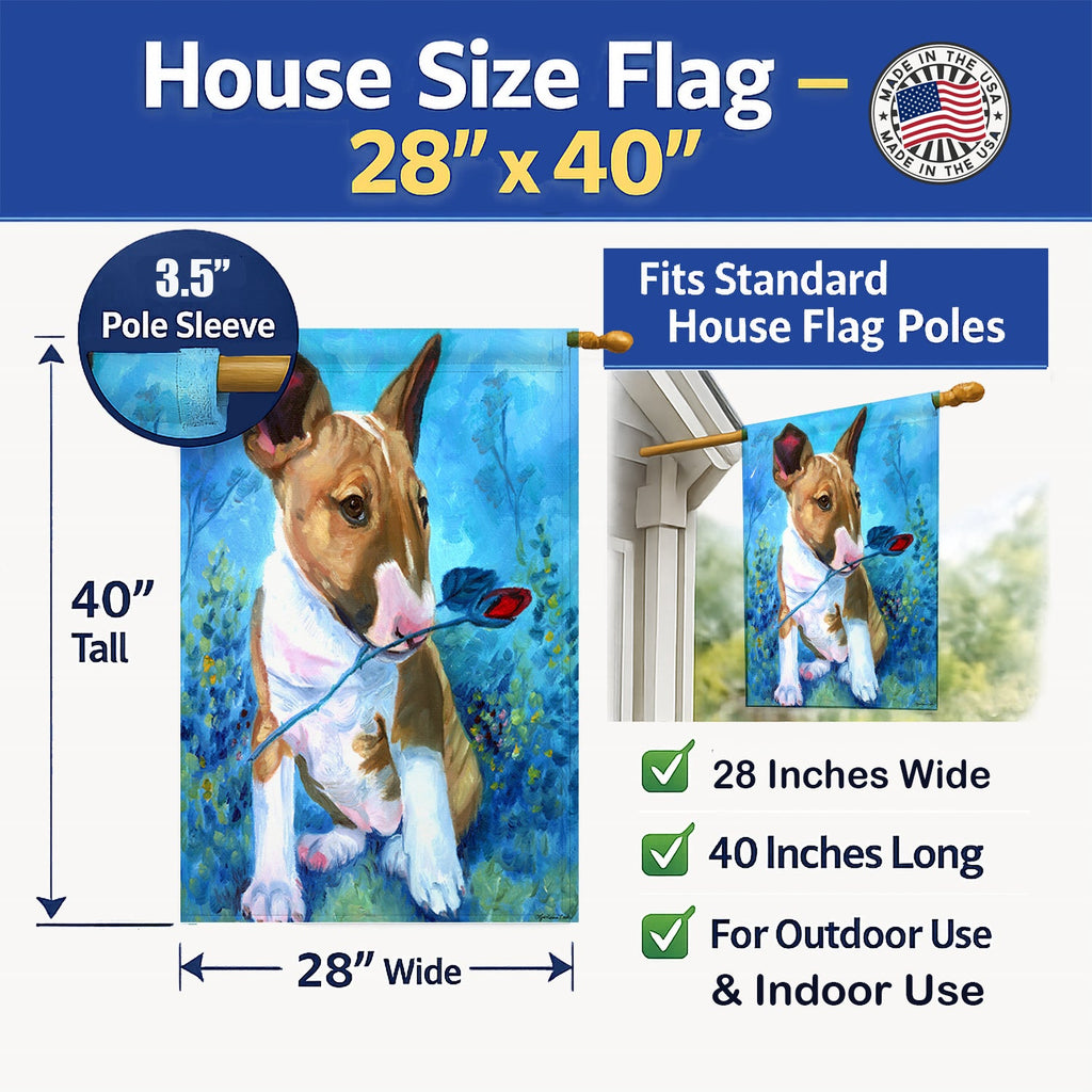 Bull Terrier Rose for Mom House Flag 28x40 Porch Sleeve Pole Decorative Outside Yard Banner Artwork Wall Hanging, Polyester