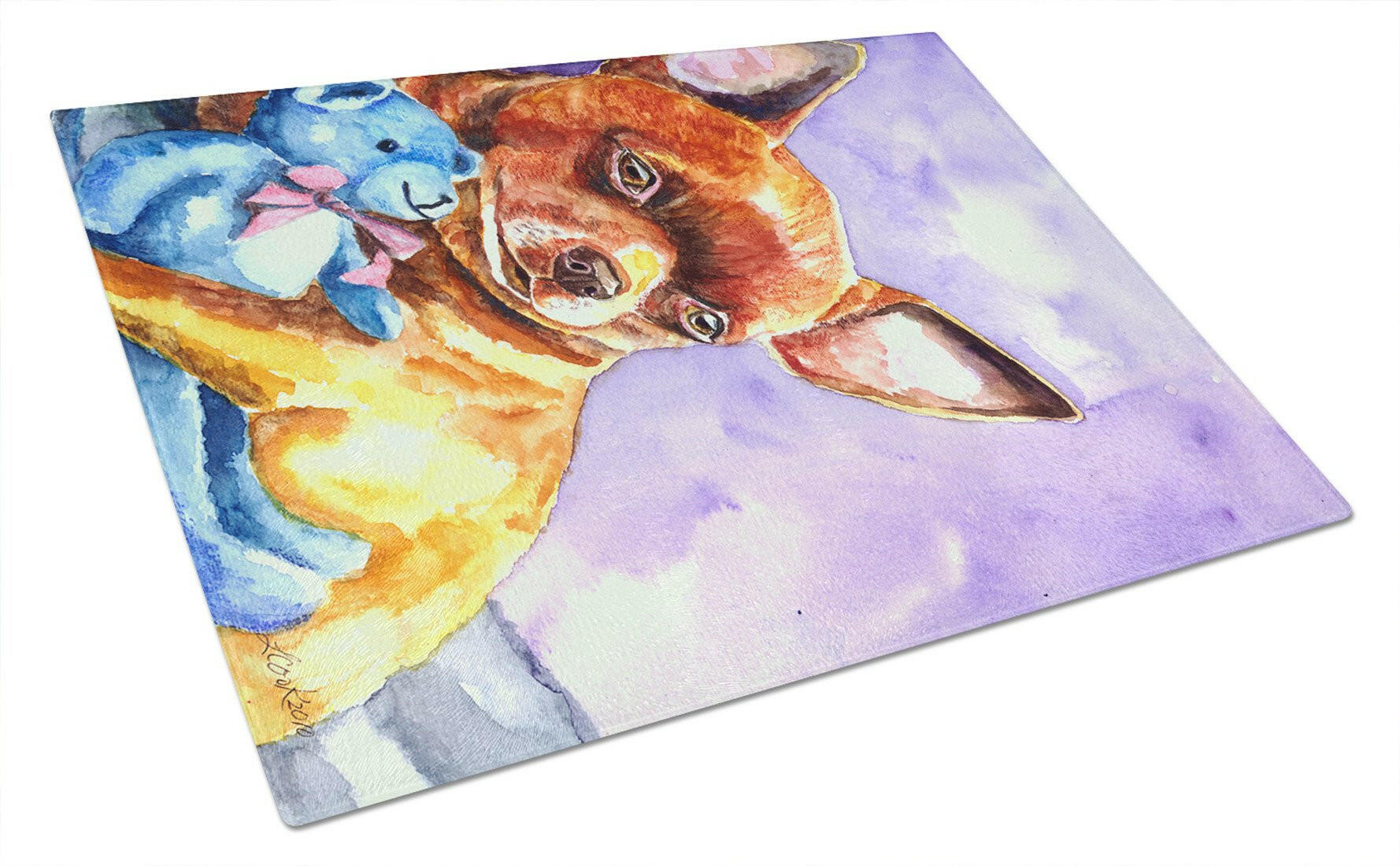 Chihuahua with Teddy Bear Cutting Board Tempered Glass Kitchen Cutting Surface, Heat Resistant Chopping, Non-Slip Feet, Food Prep & Serving