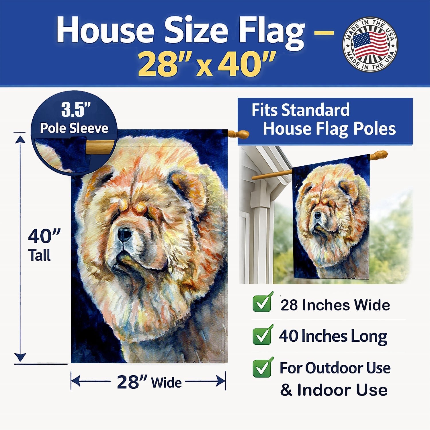 Chow Chow House Flag 28x40 Porch Sleeve Pole Decorative Outside Yard Banner Artwork Wall Hanging, Polyester