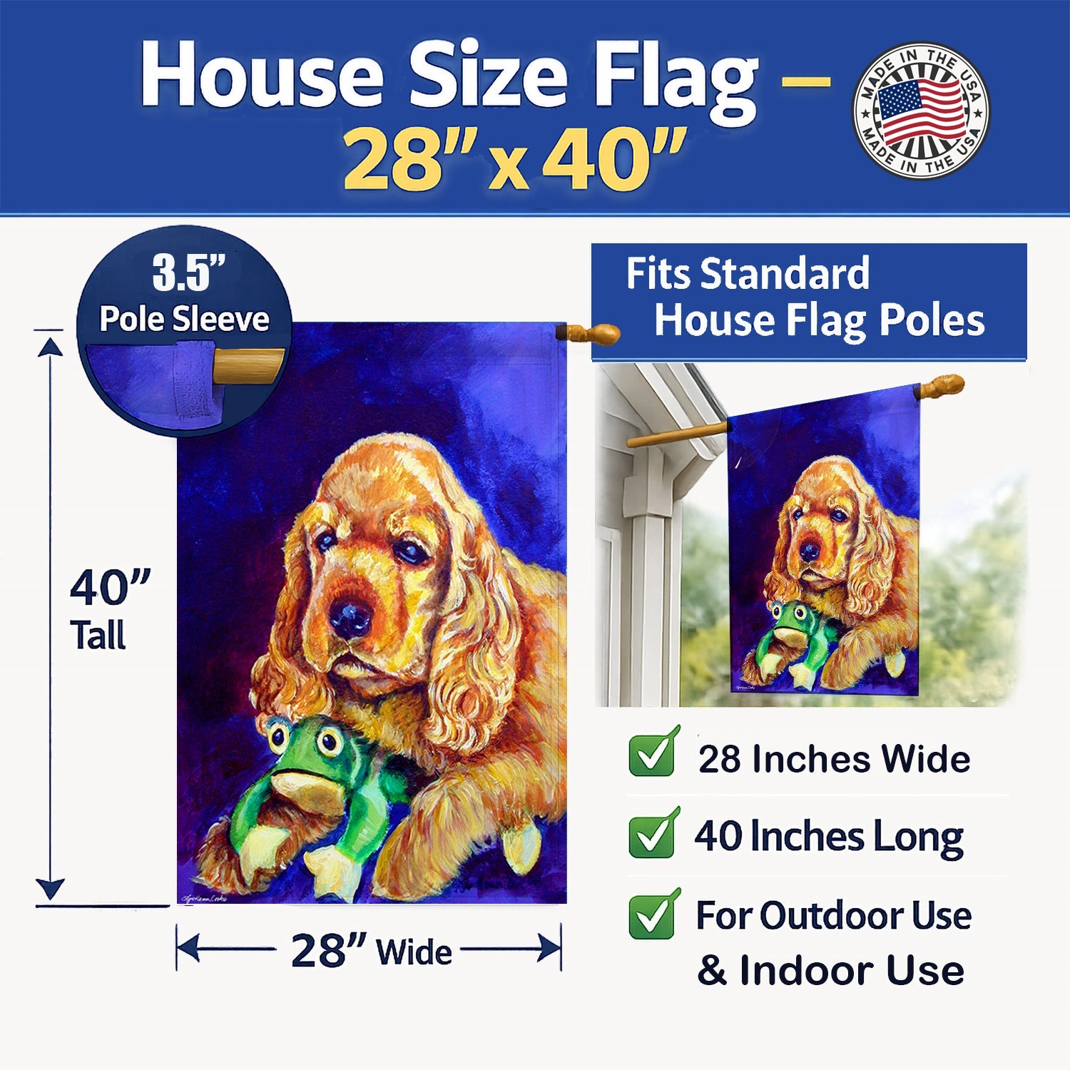 Cocker Spaniel with Frog House Flag 28x40 Porch Sleeve Pole Decorative Outside Yard Banner Artwork Wall Hanging, Polyester