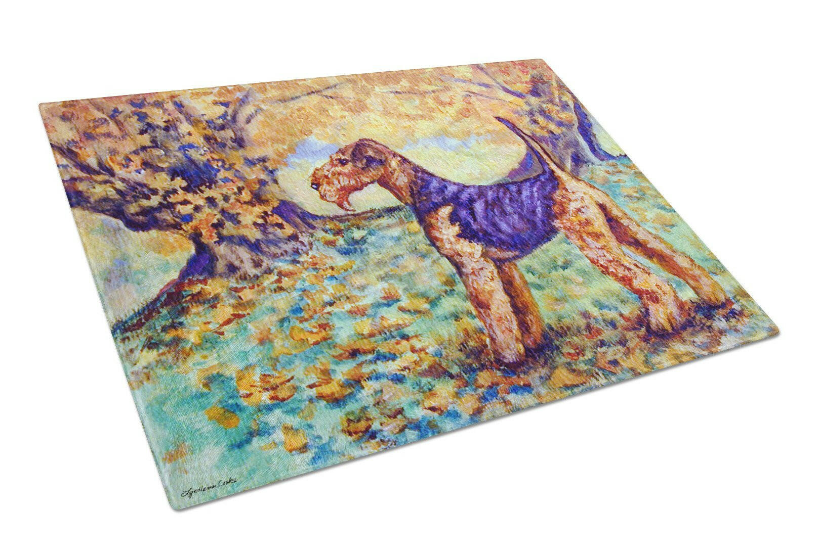 Autumn Airedale Terrier Cutting Board Tempered Glass Kitchen Cutting Surface, Heat Resistant Chopping, Non-Slip Feet, Food Prep & Serving