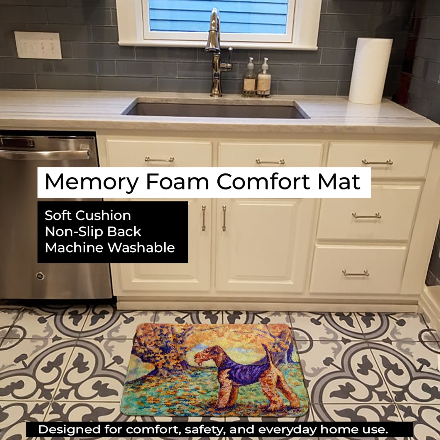 Autumn Airedale Terrier Memory Foam Kitchen Mat Machine Washable Anti-Fatigue Cushion Comfort Bath or Kitchen Rug