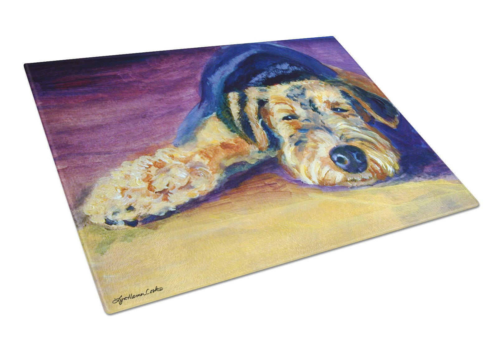 Snoozer Airedale Terrier Cutting Board Tempered Glass Kitchen Cutting Surface, Heat Resistant Chopping, Non-Slip Feet, Food Prep & Serving