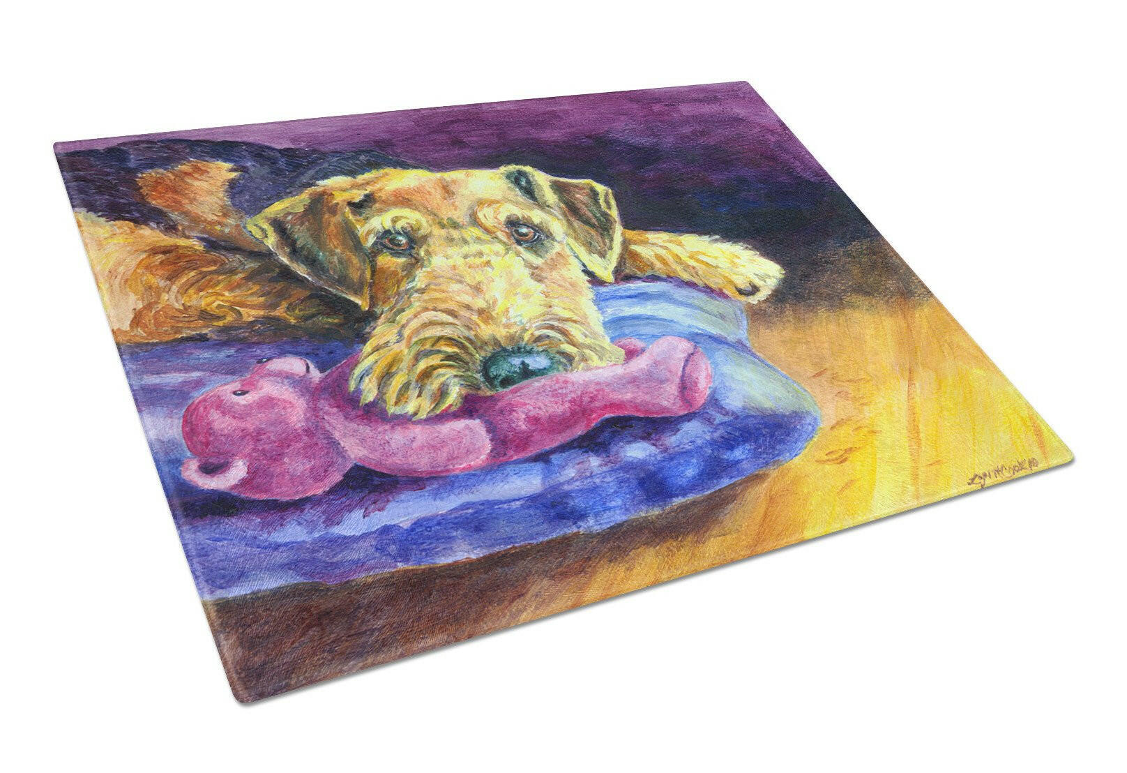Airedale Terrier Teddy Bear Cutting Board Tempered Glass Kitchen Cutting Surface, Heat Resistant Chopping, Non-Slip Feet, Food Prep & Serving