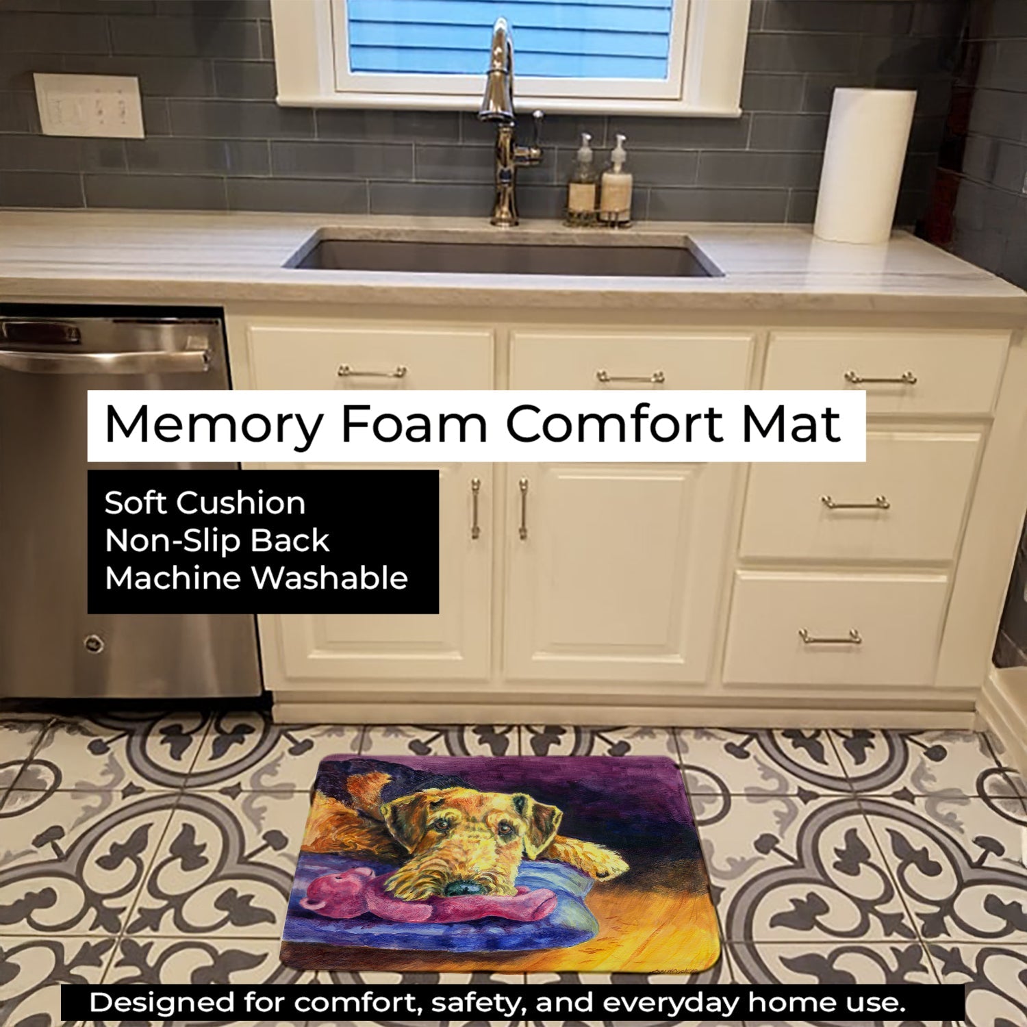 Airedale Terrier Teddy Bear Memory Foam Kitchen Mat Machine Washable Anti-Fatigue Cushion Comfort Bath or Kitchen Rug