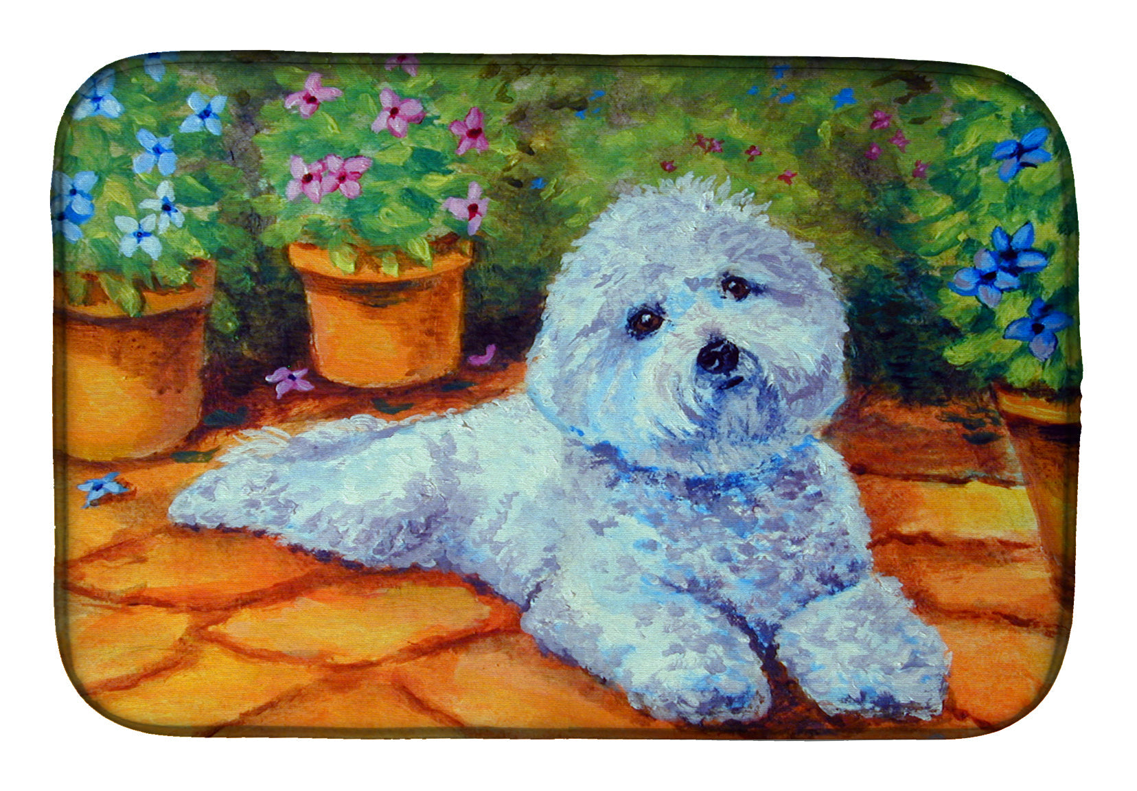 Bichon Frise on the patio Dish Drying Mat Absorbent Dish Drying Mat Pad for Kitchen Counter Dish Drainer Mat for Countertop, 14 x 21", Multicolor