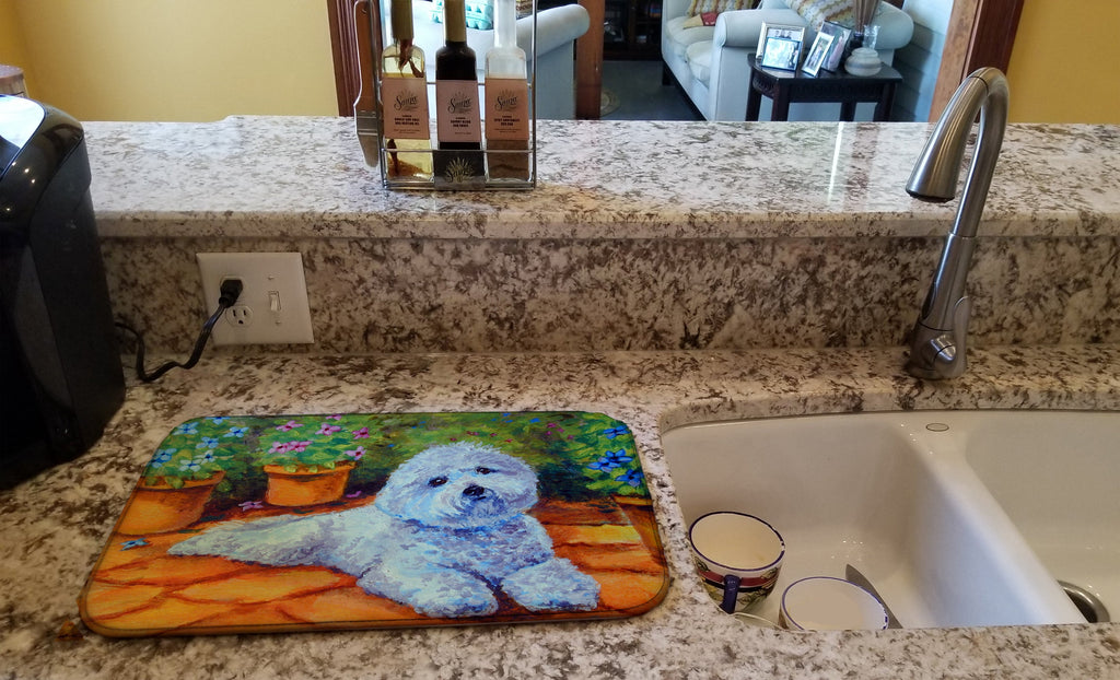 Bichon Frise on the patio Dish Drying Mat Absorbent Dish Drying Mat Pad for Kitchen Counter Dish Drainer Mat for Countertop, 14 x 21", Multicolor