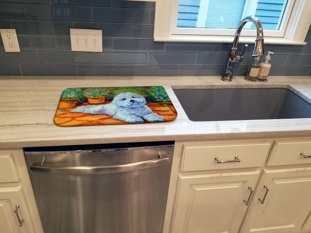 Bichon Frise on the patio Dish Drying Mat Absorbent Dish Drying Mat Pad for Kitchen Counter Dish Drainer Mat for Countertop, 14 x 21", Multicolor