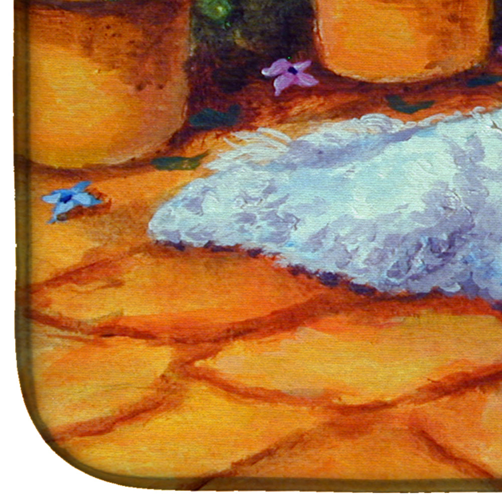 Bichon Frise on the patio Dish Drying Mat Absorbent Dish Drying Mat Pad for Kitchen Counter Dish Drainer Mat for Countertop, 14 x 21", Multicolor