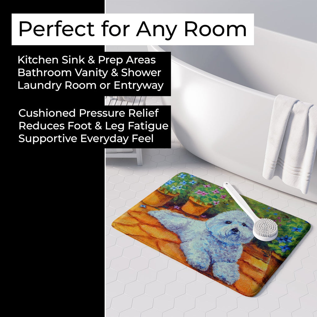 Bichon Frise on the patio Memory Foam Kitchen Mat Machine Washable Anti-Fatigue Cushion Comfort Bath or Kitchen Rug